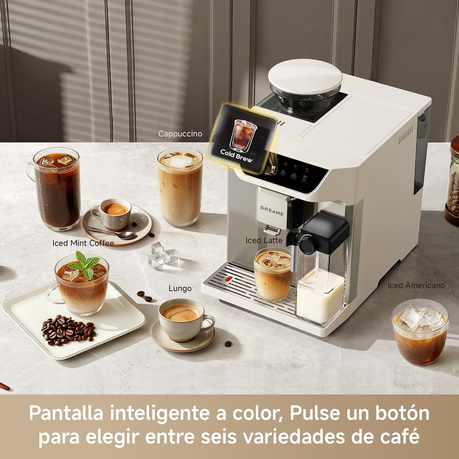 Cafetera moderna en una encimera con varias bebidas de café y tazas alrededor.