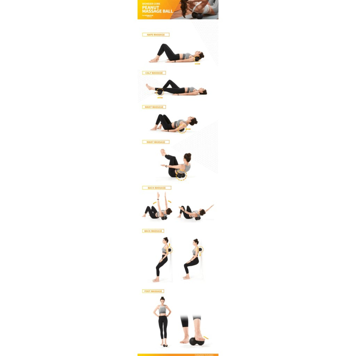 Instrucciones sobre cómo usar el Peanut Massage Ball para varios grupos musculares.
