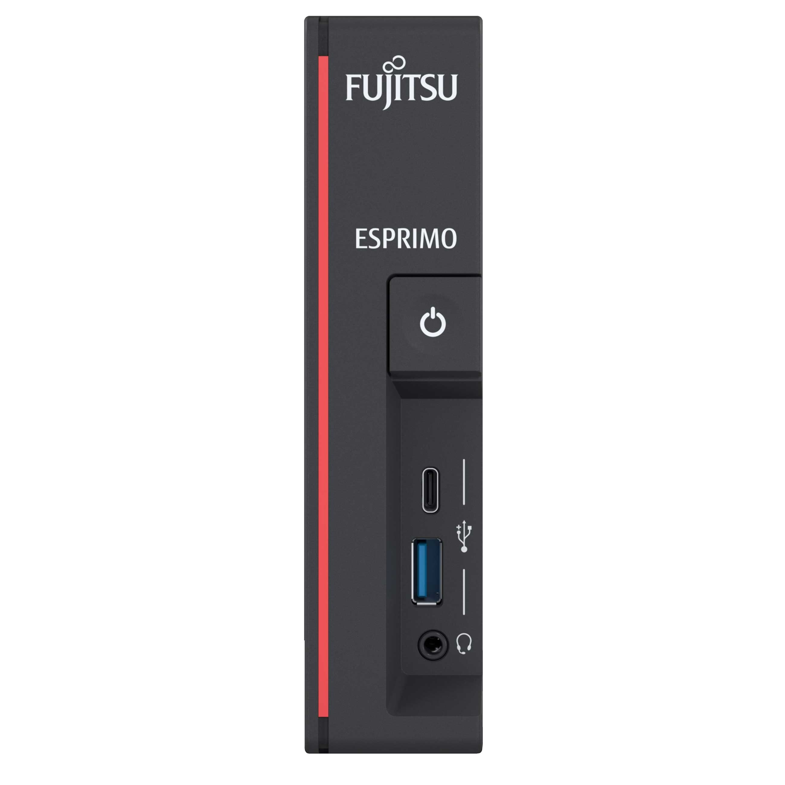 Schwarzer Fujitsu Esprimo Mini-PC, Vorderseite mit Ein/Aus-Schalter, USB-Anschlüssen und Audiobuchse.