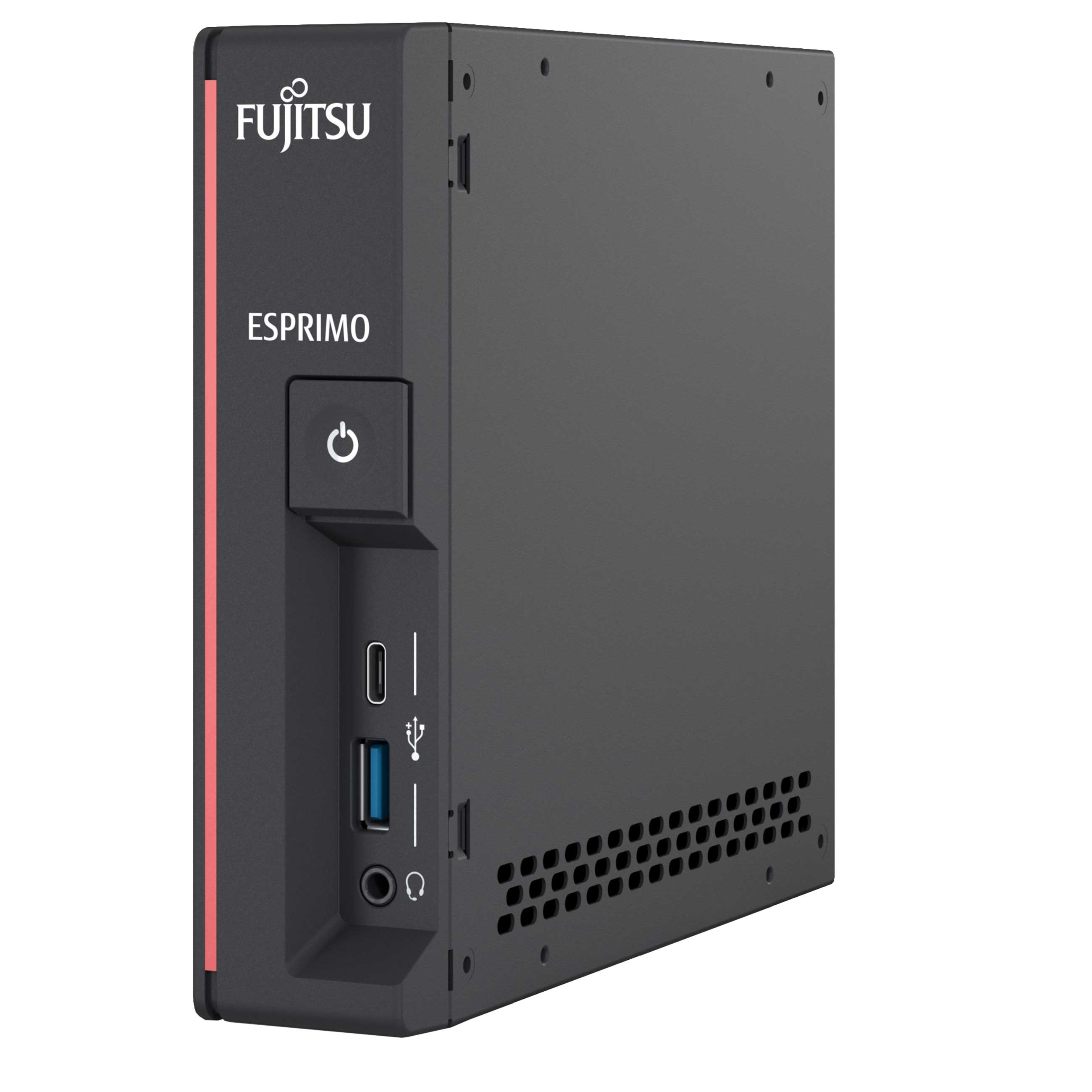 Ein schwarzer Fujitsu Esprimo Mini-PC mit Frontanschlüssen, Einschalttaste und rotem Rand auf weißem Hintergrund.