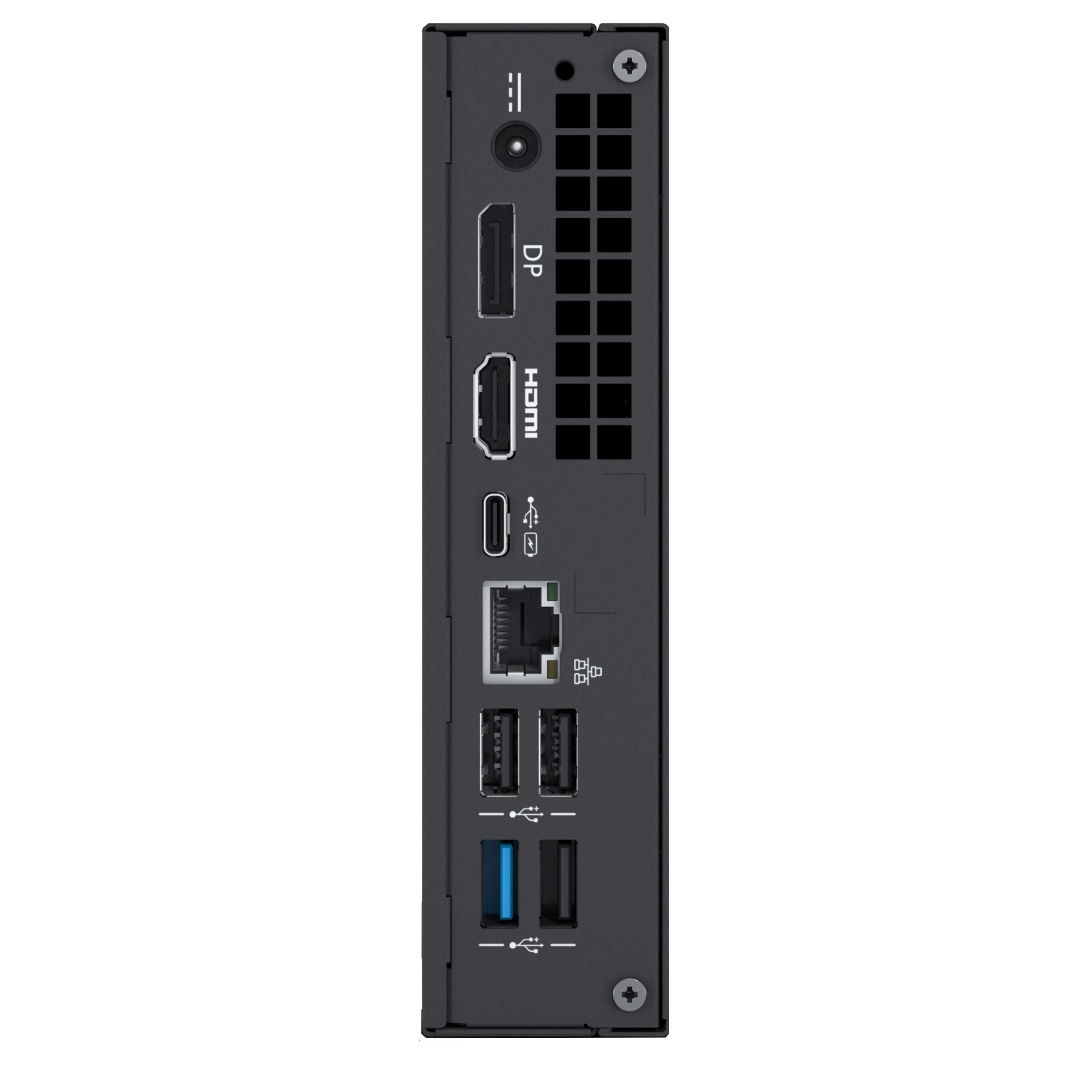 Rückseite eines kleinen schwarzen Computers mit DP, HDMI, USB-C, Ethernet und USB-Anschlüssen.