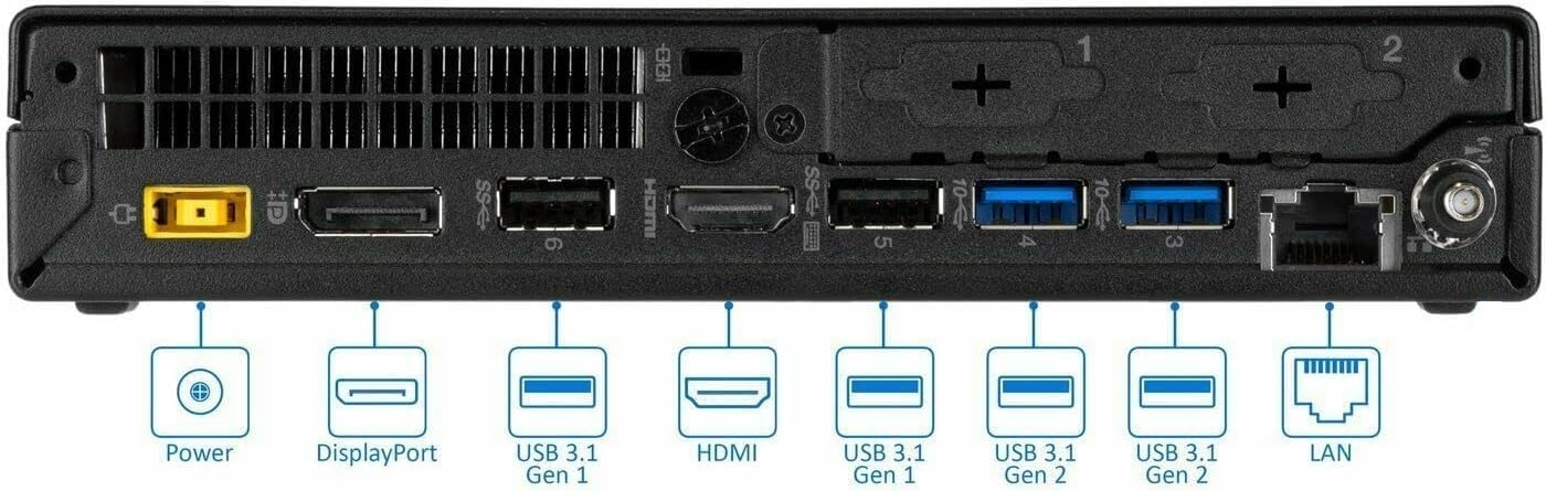 Rückseite eines schwarzen Mini-PCs mit Power, DisplayPort, USB, HDMI und LAN Anschlüssen.