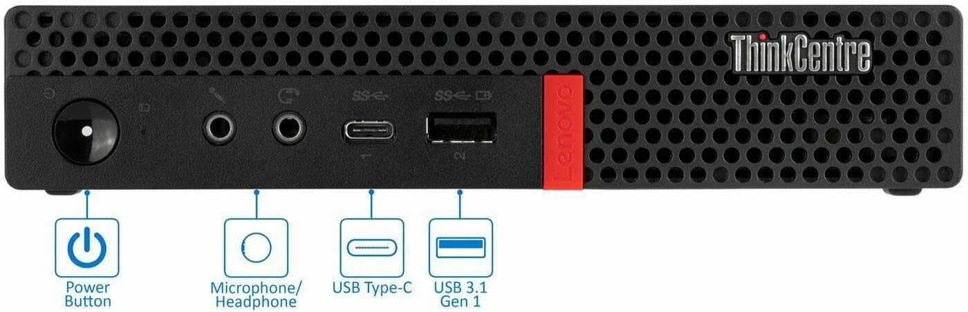 Vorderseite eines ThinkCentre-PCs mit beschrifteten Tasten und Anschlüssen wie Power, Audio, USB-C und USB.