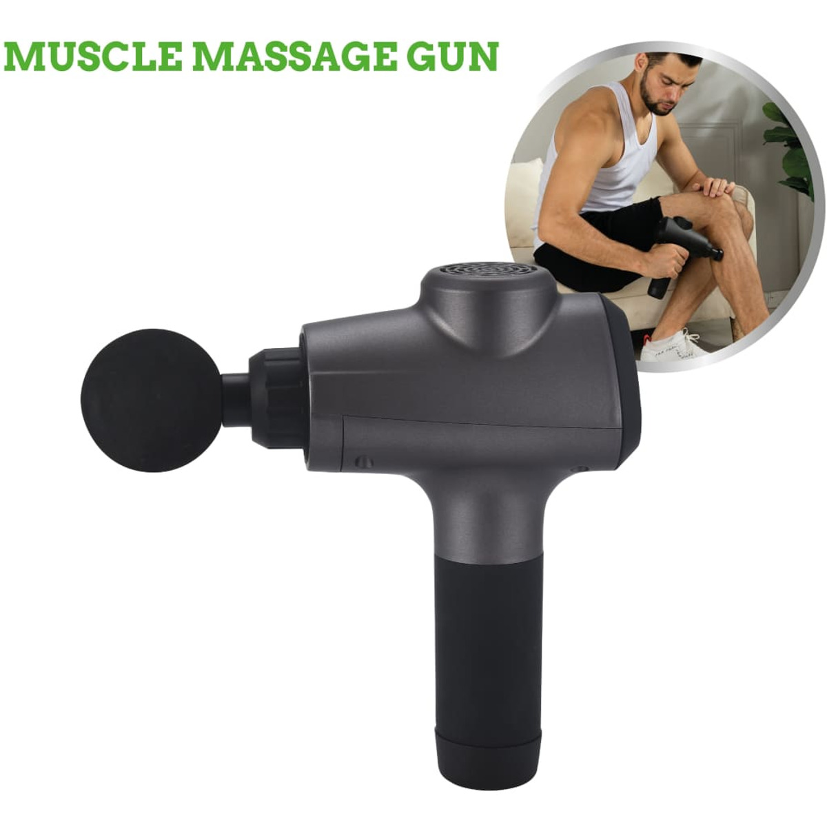 Pistola de masaje muscular gris con accesorio redondo; arriba a la derecha un hombre la usa en su pierna.