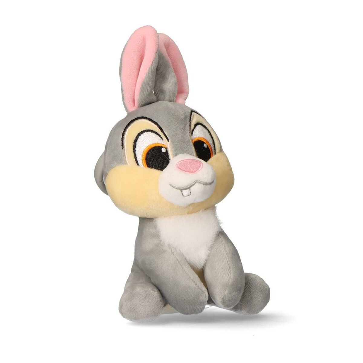 Un peluche de Tambor de Bambi, pelaje gris, orejas rosadas y grandes ojos expresivos.