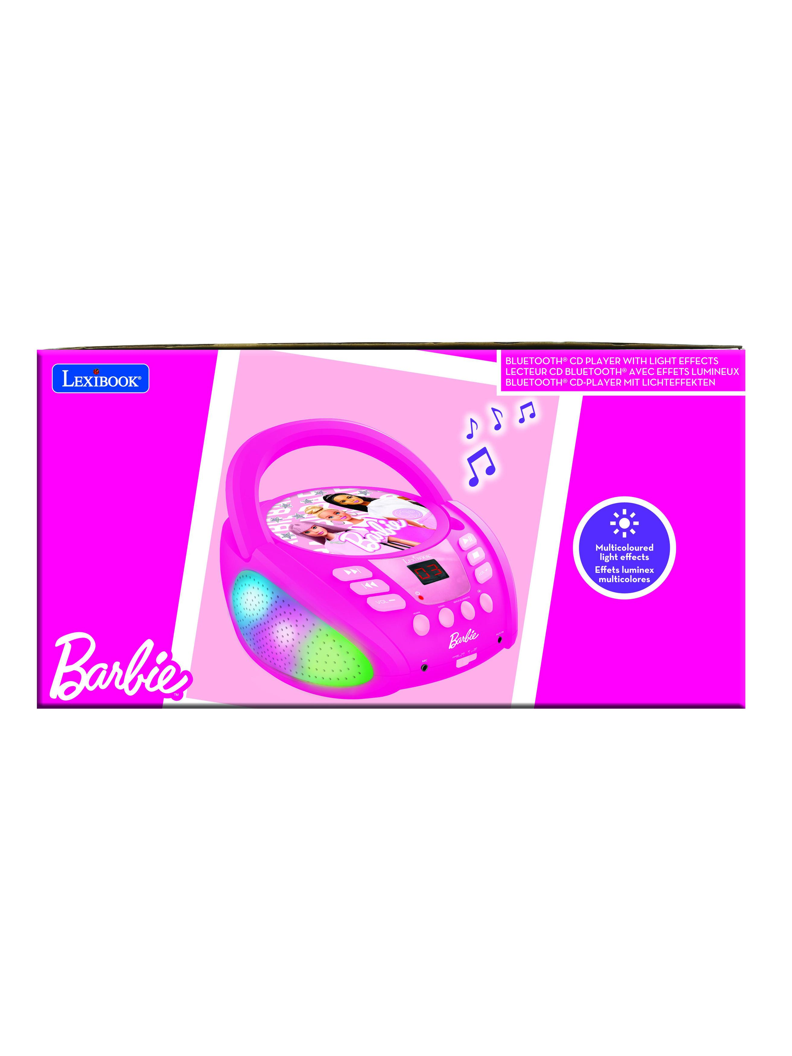 Lettore CD bluetooth Barbie rosa con effetti luminosi su una confezione rosa brillante.