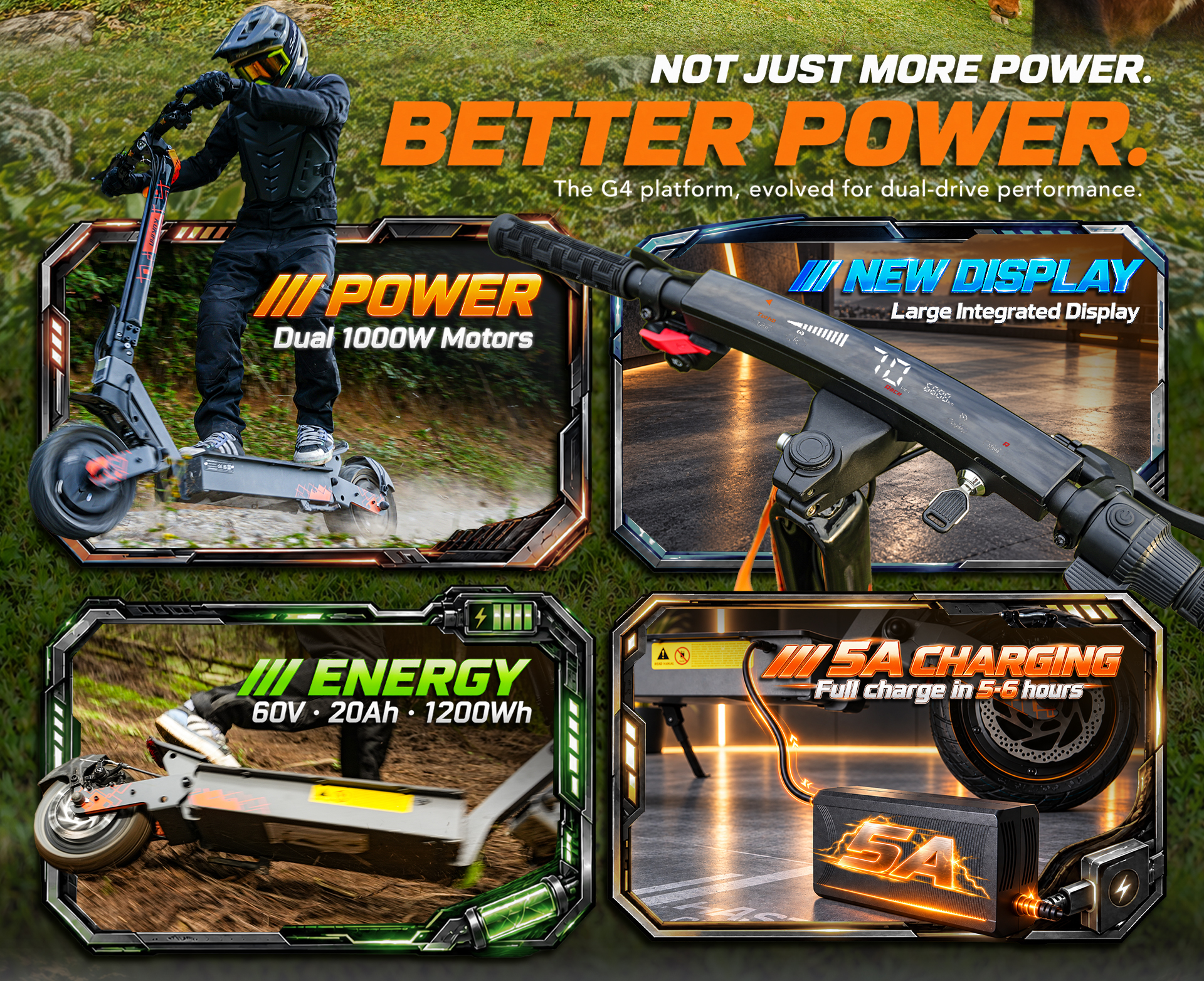 Banner promozionale con monopattino a doppio motore, display, batteria e caricatore.