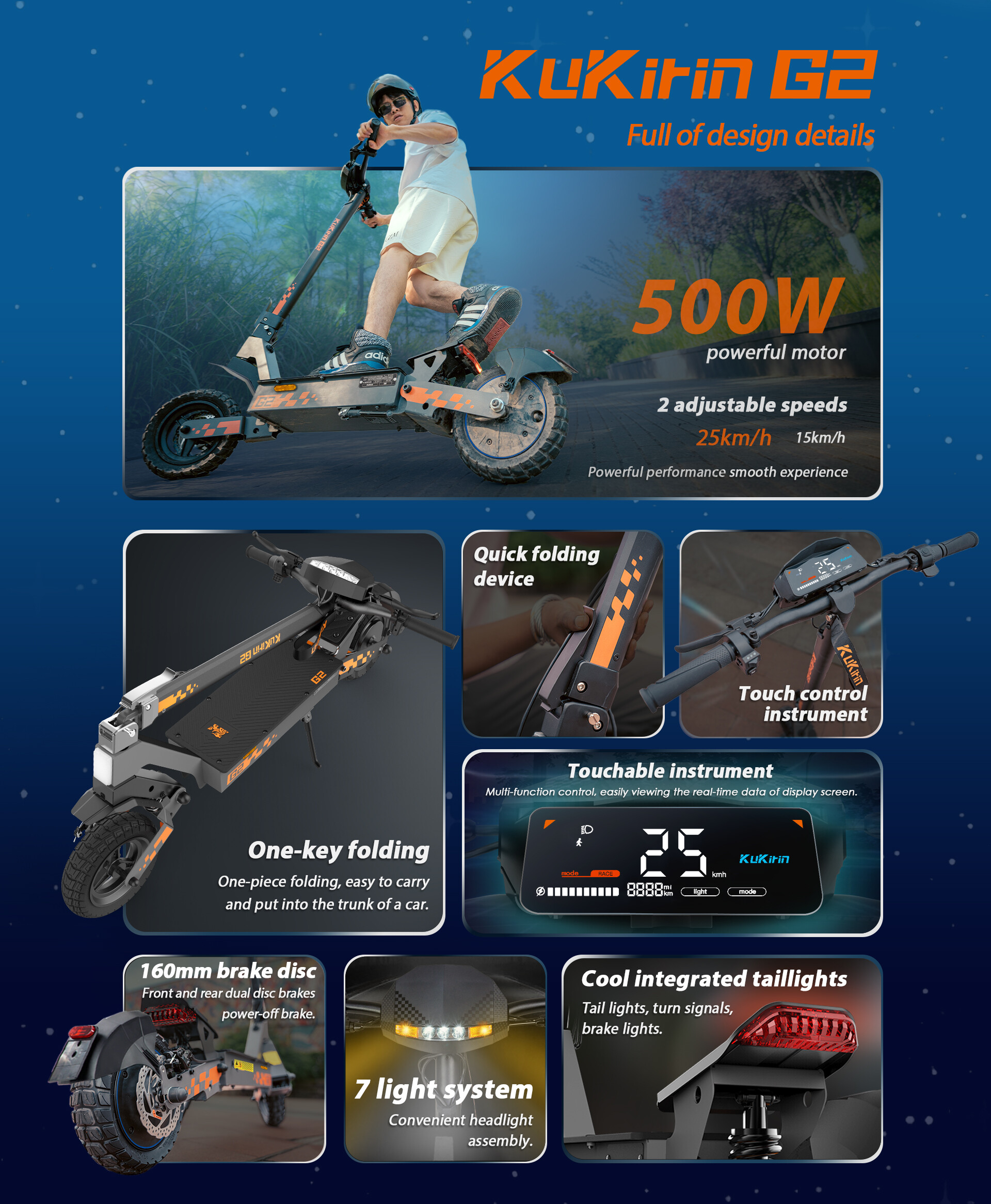Poster promozionale per il monopattino elettrico KuKirin G2, con dettagli tecnici e foto.