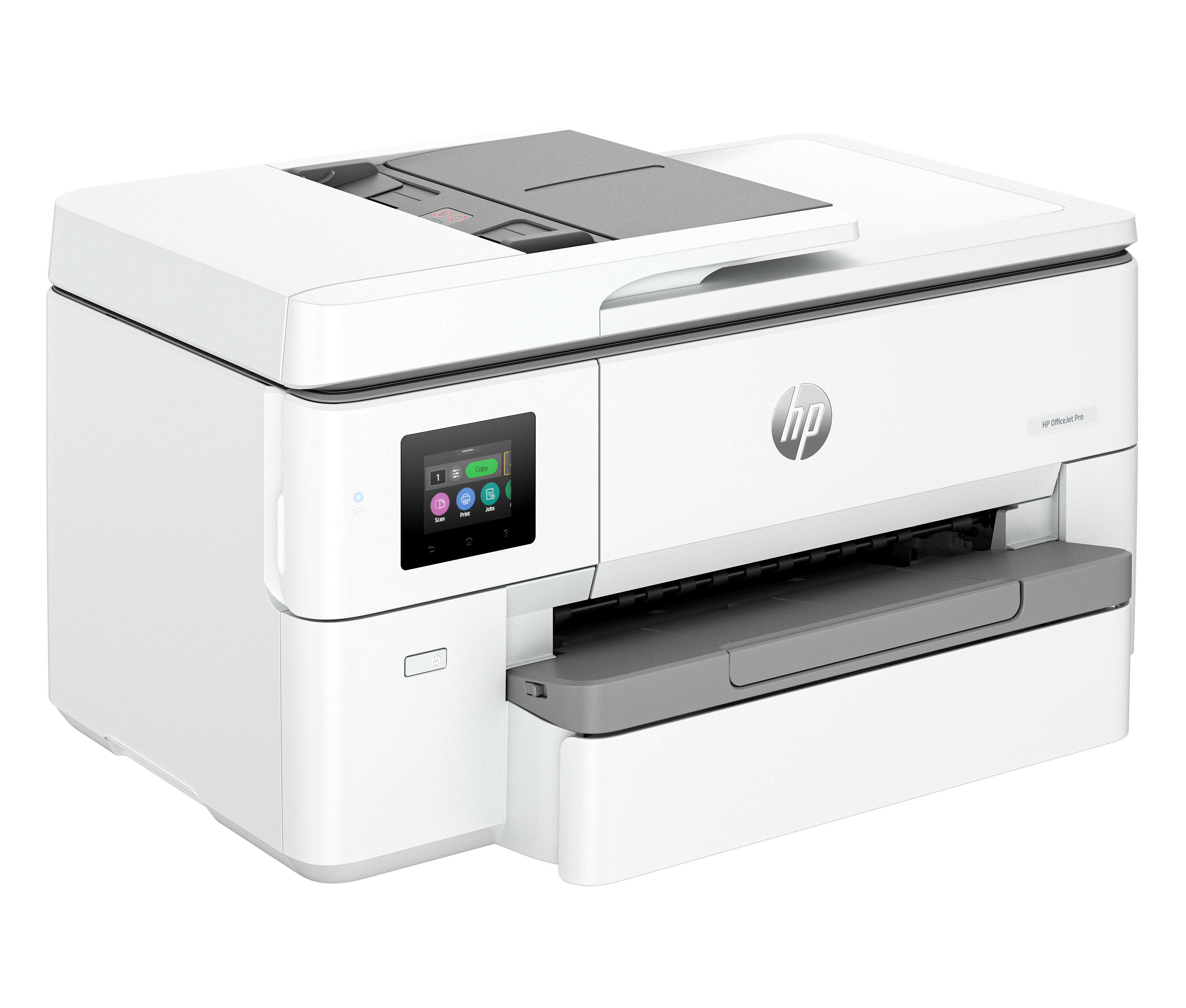 Ein weißer HP OfficeJet Pro Drucker mit Touchscreen und Papierfach auf weißem Hintergrund.