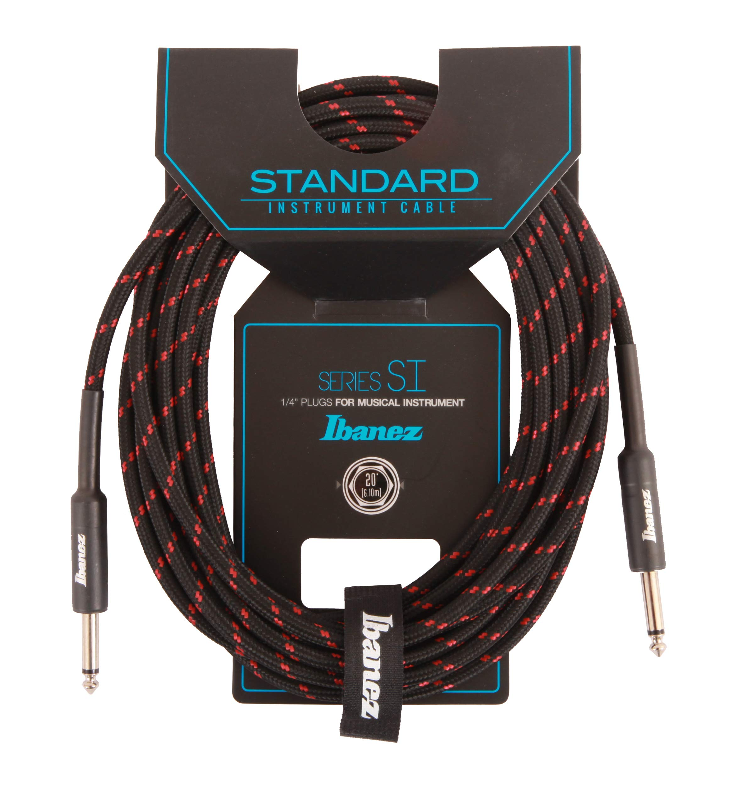 Ein schwarz-rotes Ibanez Instrumentenkabel mit Steckern in einer schwarzen Verpackung auf weiÃŸem Hintergrund.