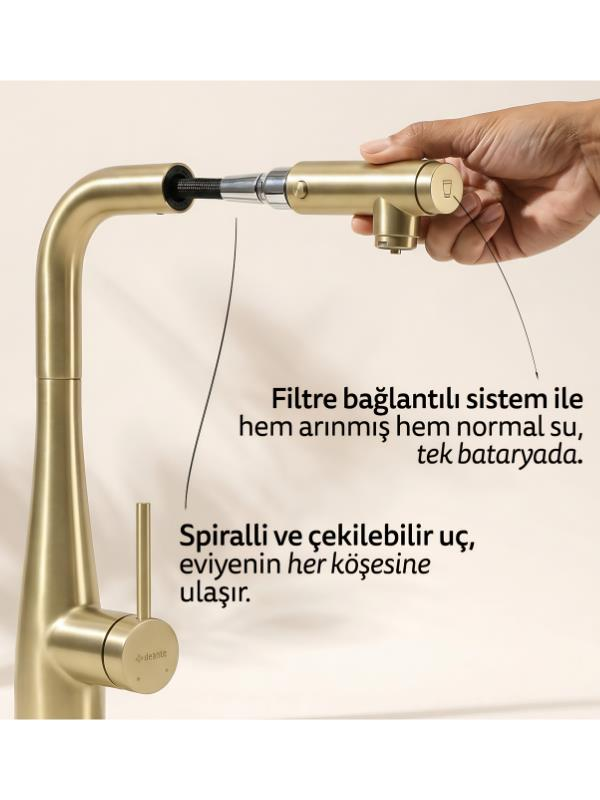 Çekilebilir başlıklı ve filtre bağlantılı altın renkli mutfak bataryası.