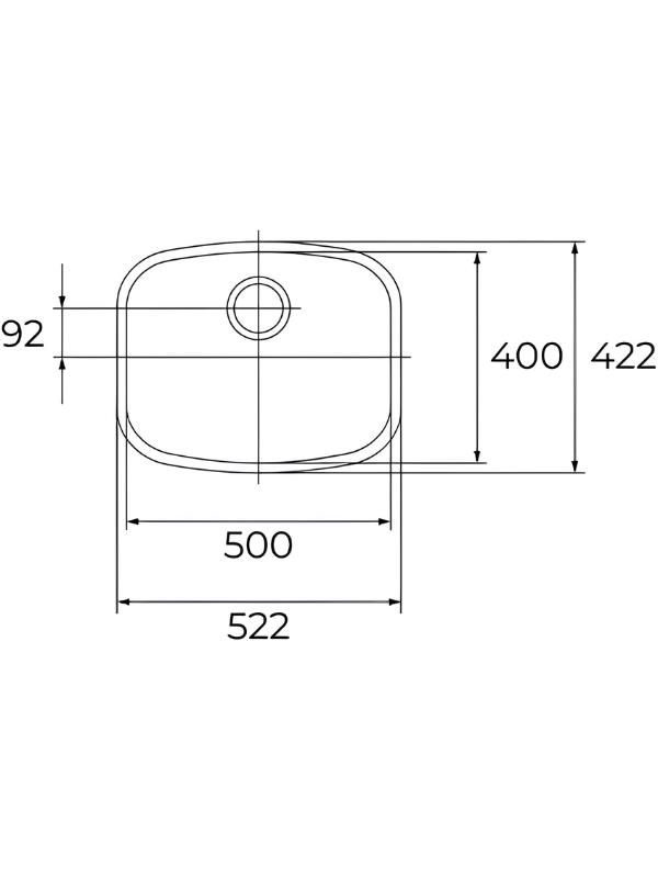 500x400 boyutlarında ve 522x422 mm toplam ebatlarında dikdortgen evyenin teknik cizimi.