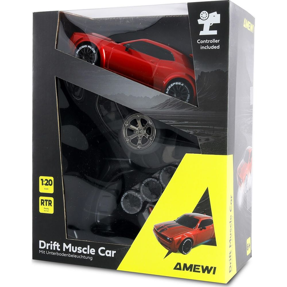 Verpackung eines roten RC-Drift-Muscle-Cars mit Zubehör und Fenstern.