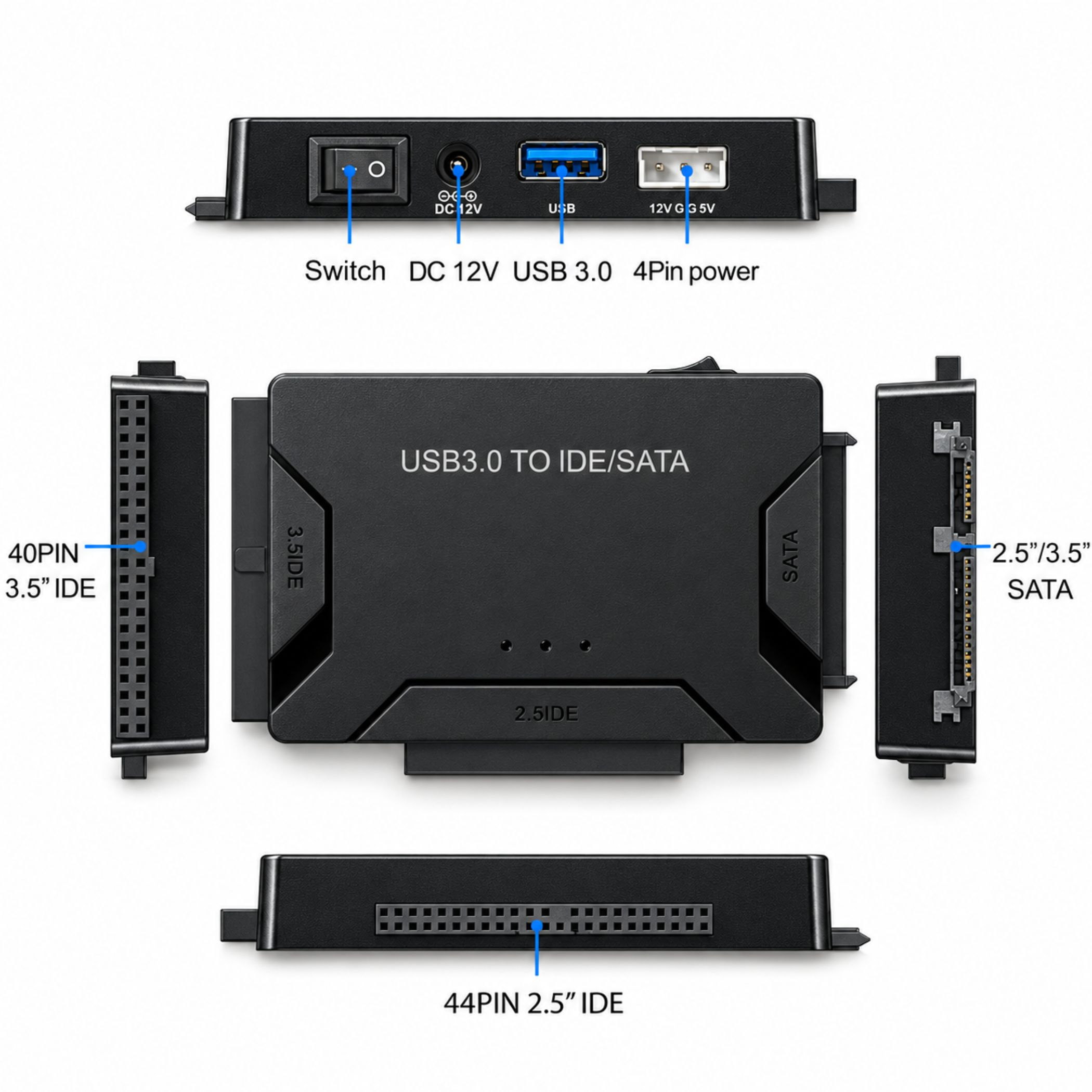 Ein schwarzer USB 3.0 auf IDE/SATA Adapter mit beschrifteten Anschlüssen, Schaltern und Pins aus mehreren Perspektiven.