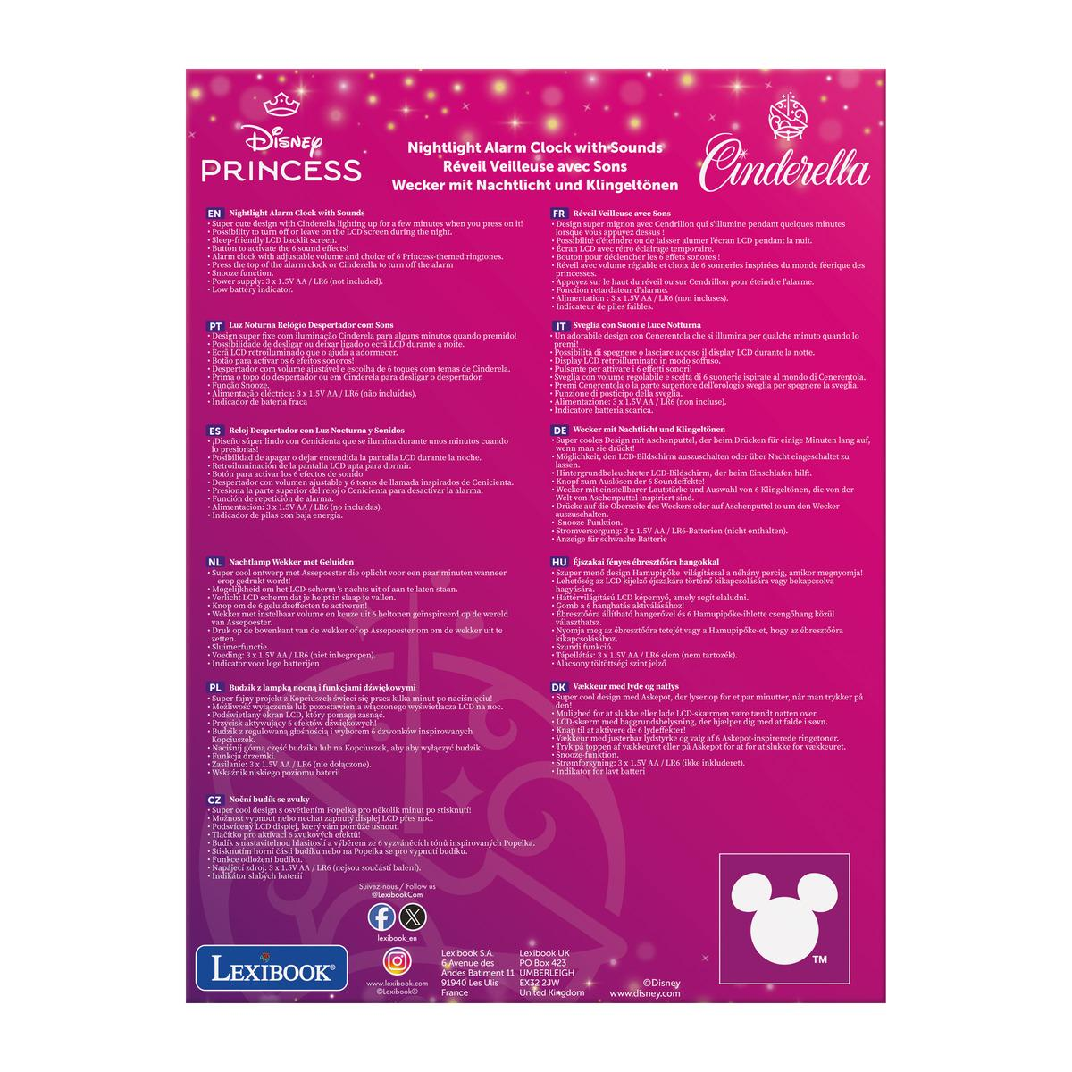 Confezione della sveglia con luce notturna Disney Cendrillon con descrizioni multilingue e loghi.