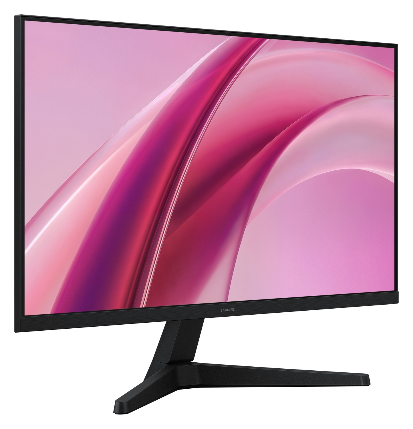 Un monitor Samsung nero su supporto mostra un'onda rosa astratta.
