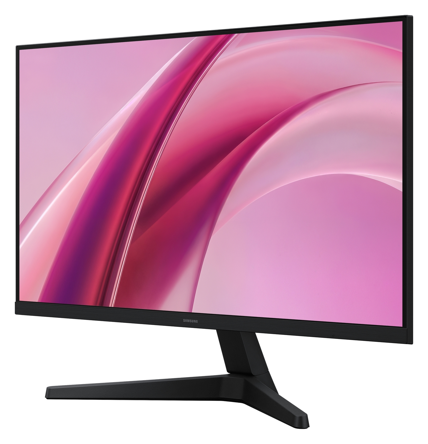 Un monitor Samsung nero su supporto mostra una grafica astratta rosa e rossa.