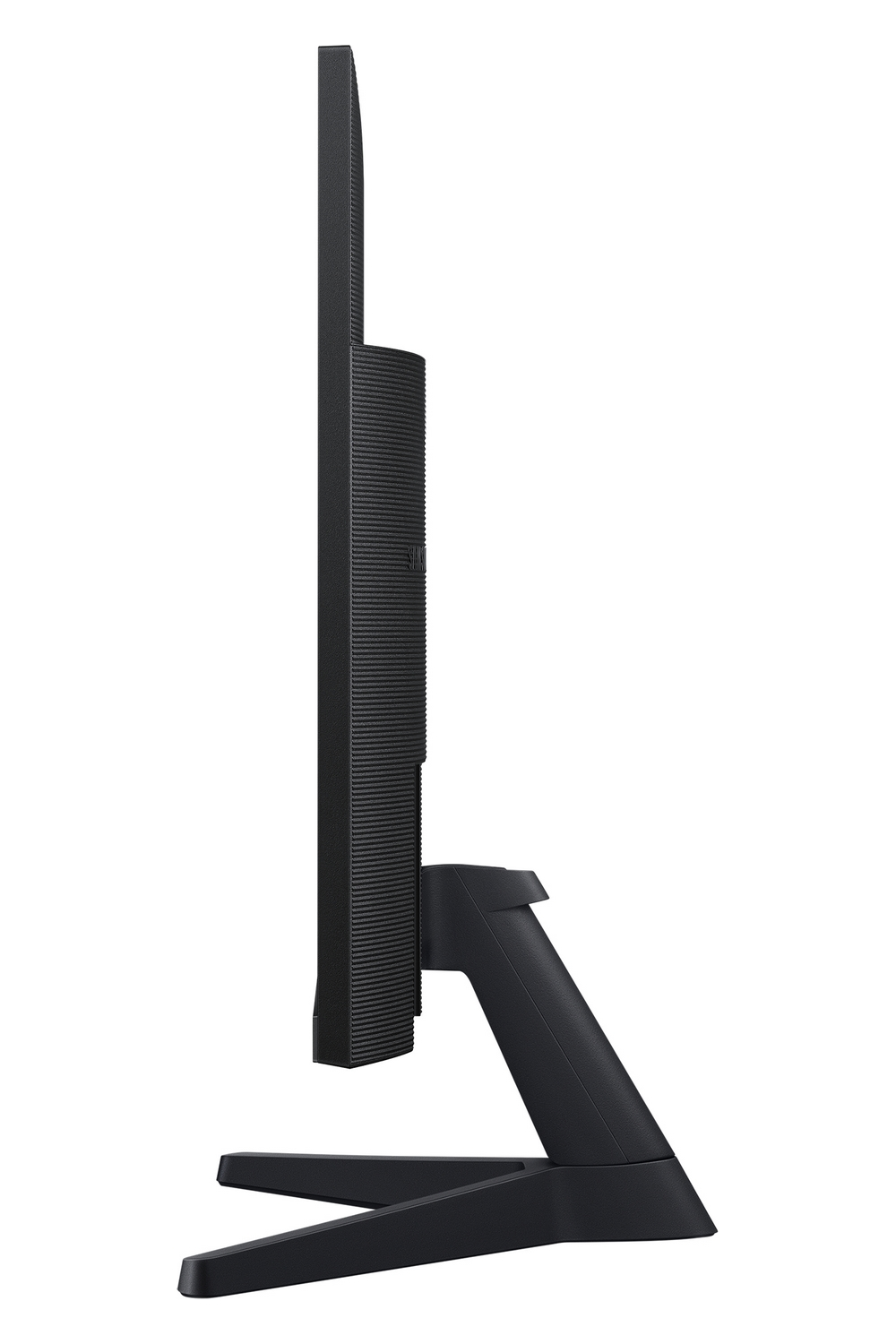 Vista laterale di un monitor per computer nero su supporto con sfondo bianco.