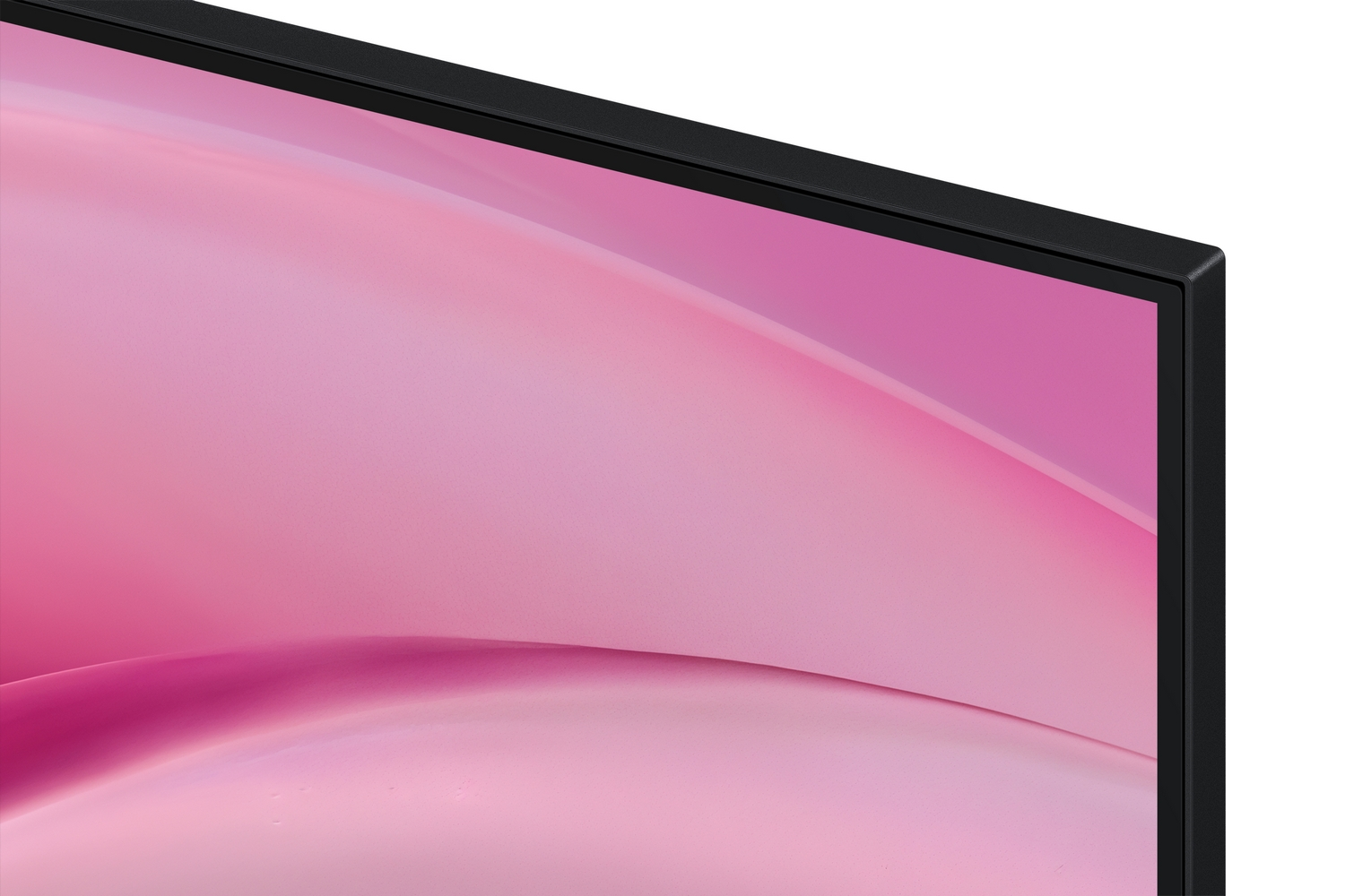 Primo piano della sottile cornice nera di una TV moderna che incornicia uno schermo astratto rosa e bianco.