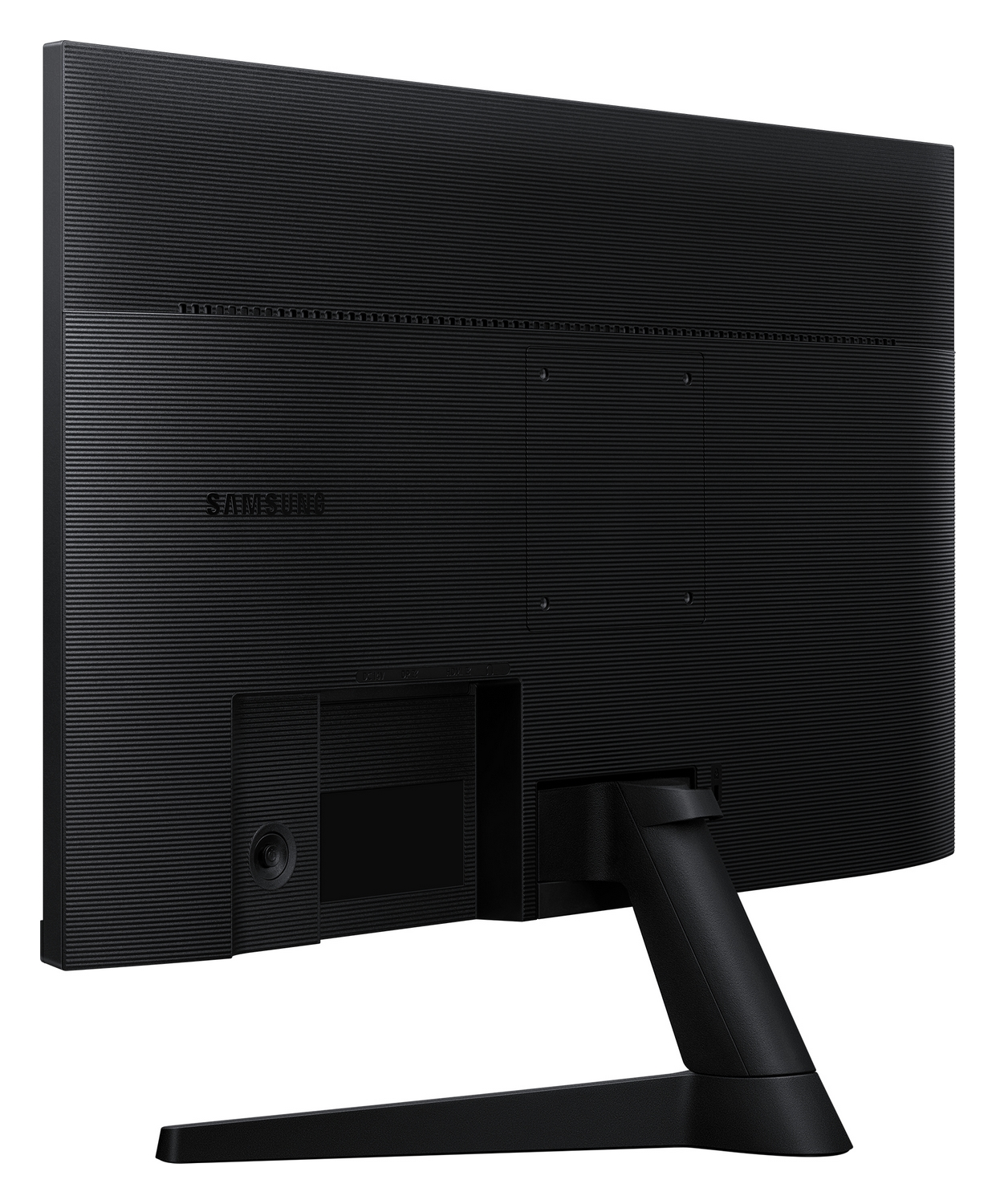Vista posteriore di un monitor curvo Samsung nero con retro testurizzato, supporto VESA, porte e base robusta su sfondo bianco.