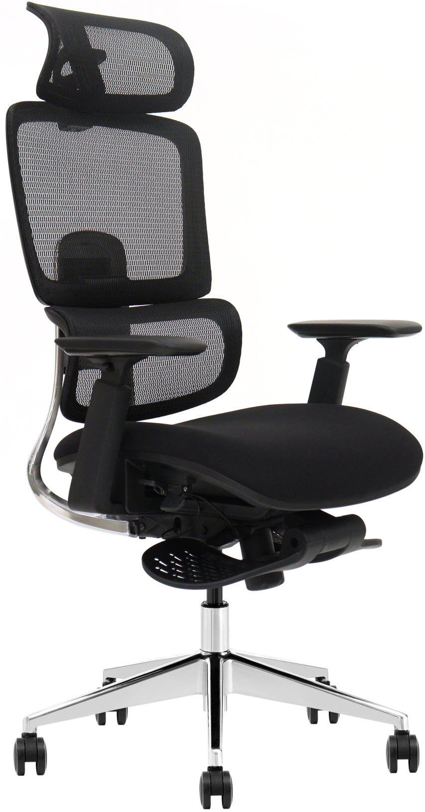 Schwarzer ergonomischer Bürostuhl mit Netzrücken und Chromfuß auf Rollen.