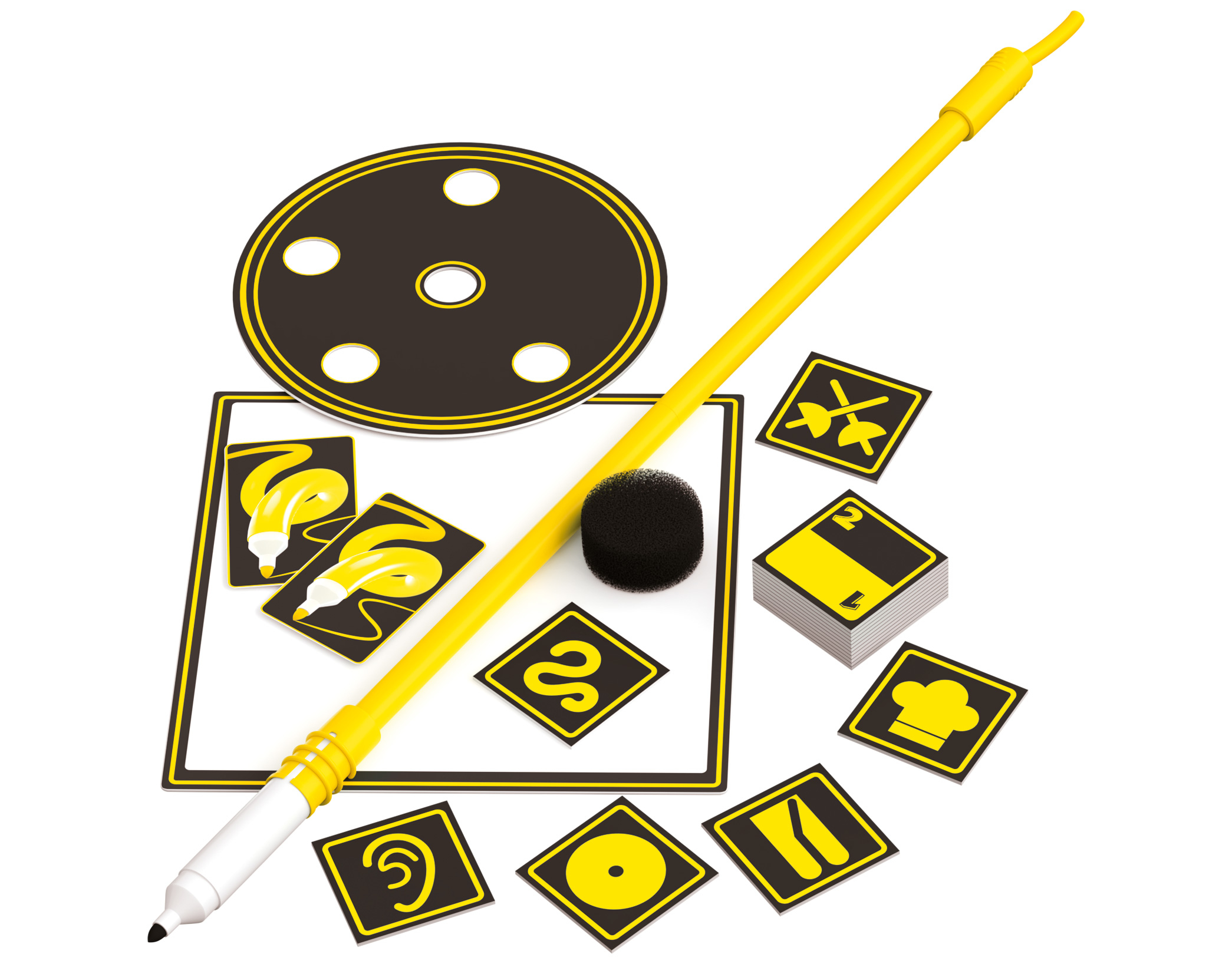 Un bolígrafo amarillo largo, un tablero circular negro, cartas con símbolos y una esponja.