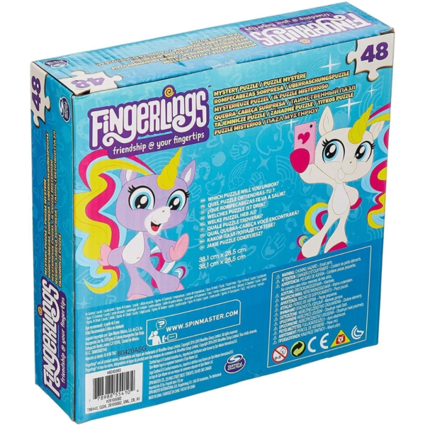 Caja de rompecabezas Fingerlings azul con ilustraciones de unicornio en el frente.