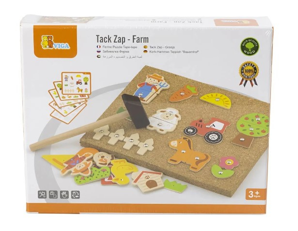 Caja de juguetes Viga Tack Zap Farm con tablero de corcho, piezas de madera y martillo.