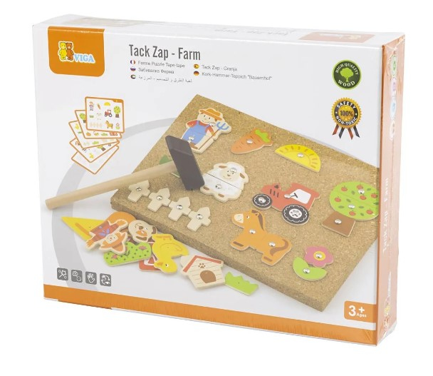Un juego de madera Viga Tack Zap Farm con tablero de corcho, martillo y varias piezas de madera con temas de granja.