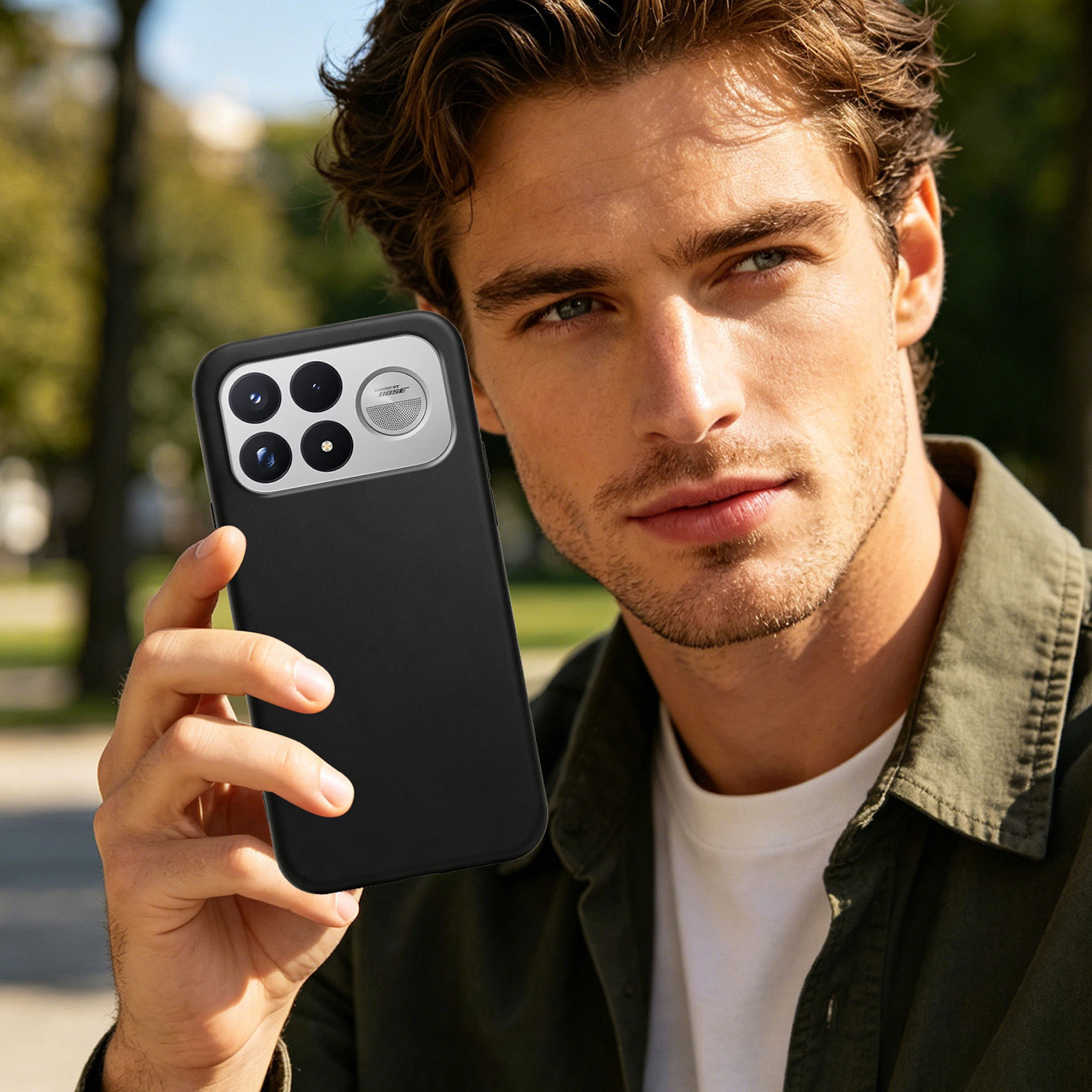 Ein junger Mann mit braunem Haar und grünem Hemd hält ein schwarzes Smartphone mit vier Kameras in die Kamera.
