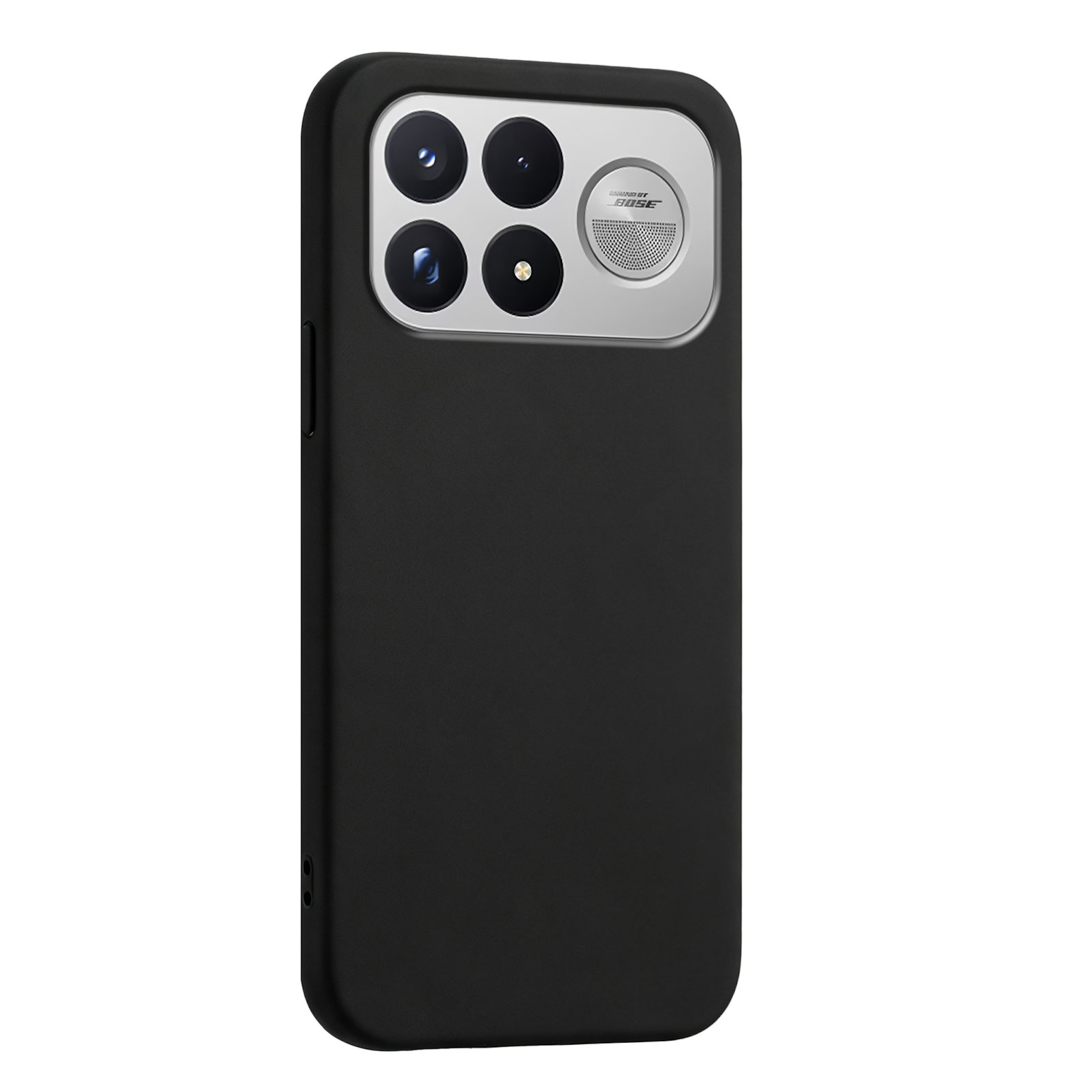 Eine schwarze Smartphone-Hülle mit einem silbernen Kamera-Modul, das vier Linsen und einen Lautsprecher enthält.