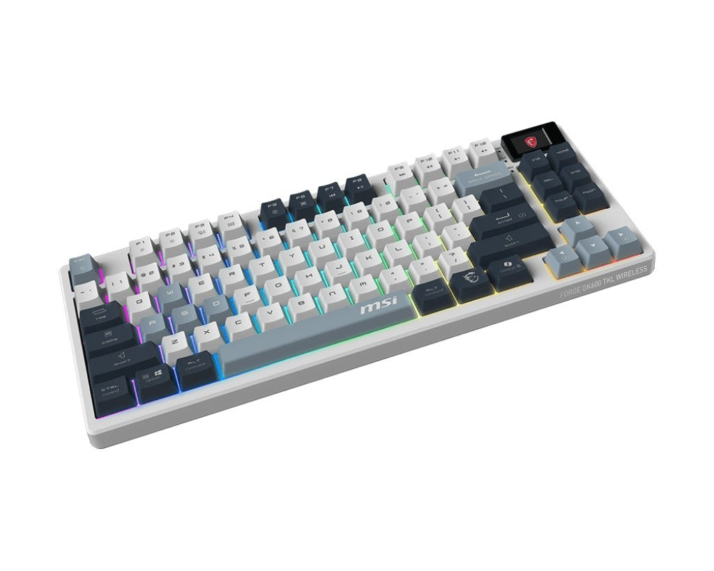 Eine weiße, graue und dunkelgraue kabellose mechanische Tastatur mit RGB-Hintergrundbeleuchtung.