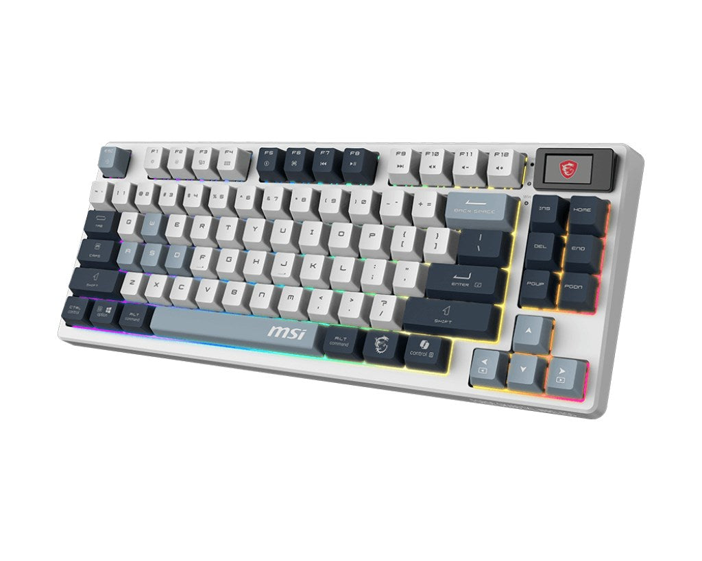 Weiße und graue MSI Gaming-Tastatur mit RGB-Beleuchtung und kleinem Bildschirm.
