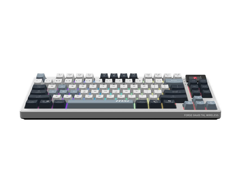 Kompakte kabellose mechanische Tastatur mit grauen und weißen Tasten, RGB-Beleuchtung und MSI Forge-Branding.