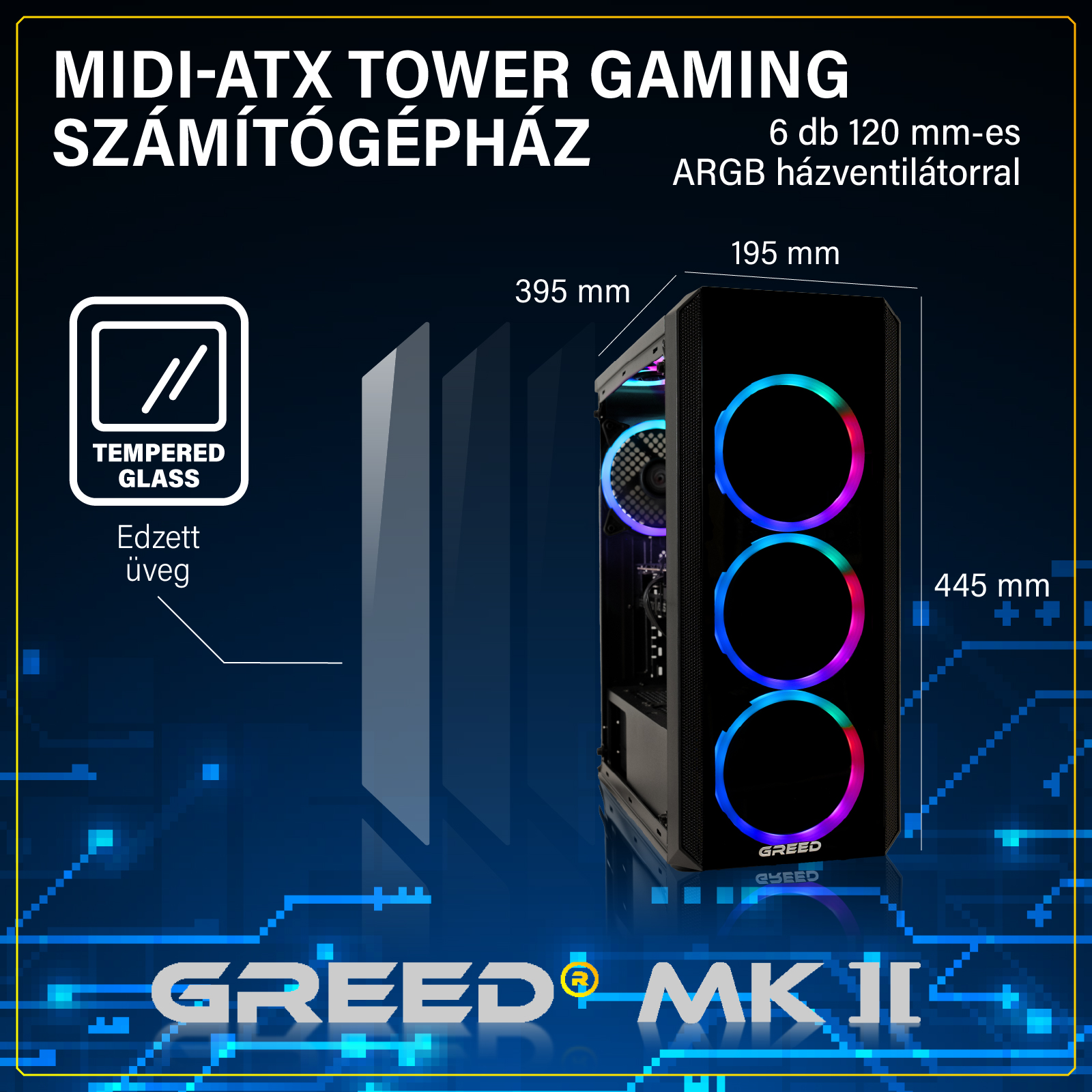MIDI-ATX Tower gamer számítógépház Greed MK II ARGB ventilátorokkal és edzett üveggel.
