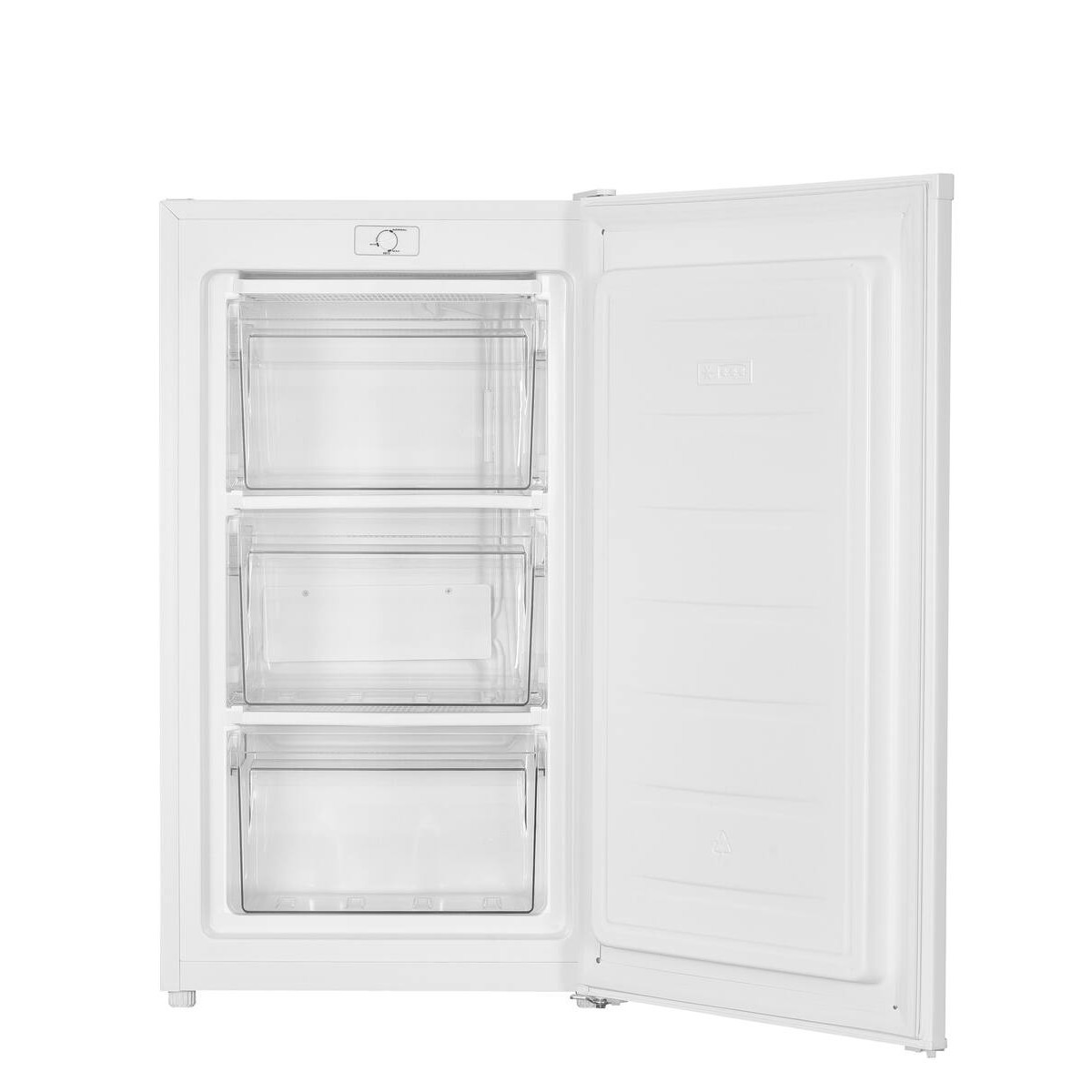 Un congelador vertical blanco con la puerta abierta, mostrando tres cajones transparentes.