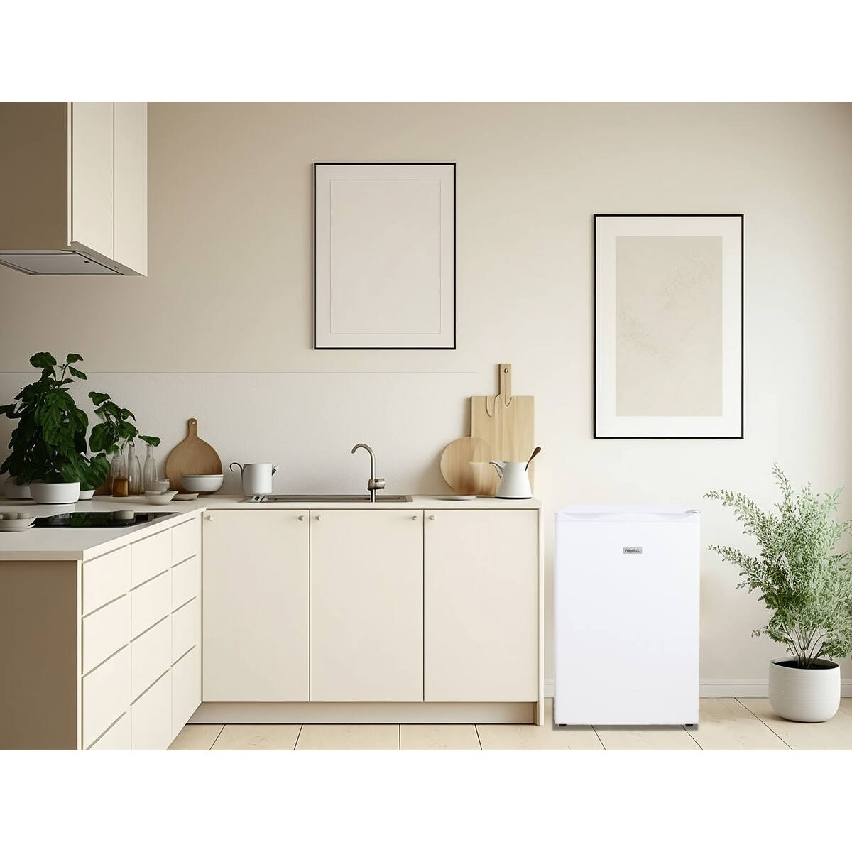 Cocina moderna en beige con armarios, fregadero, plantas y un pequeño refrigerador blanco en el suelo de madera.