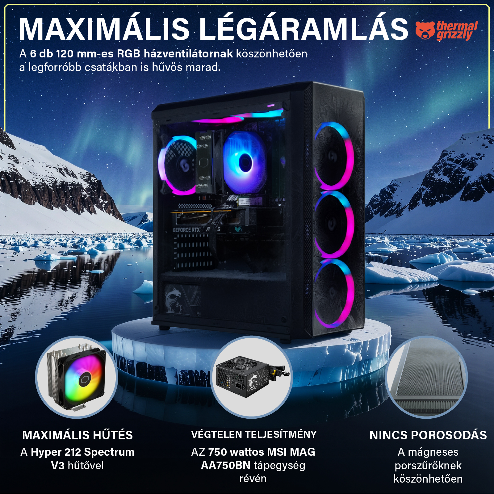 RGB gamer PC sarki fényes téli táj előtt, hűtőkkel és magyar feliratokkal.