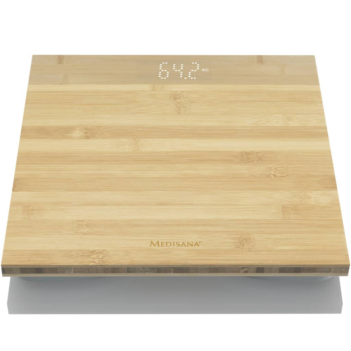 Una báscula de baño digital rectangular de bambú muestra 64,2 kg y el logotipo de Medisana.