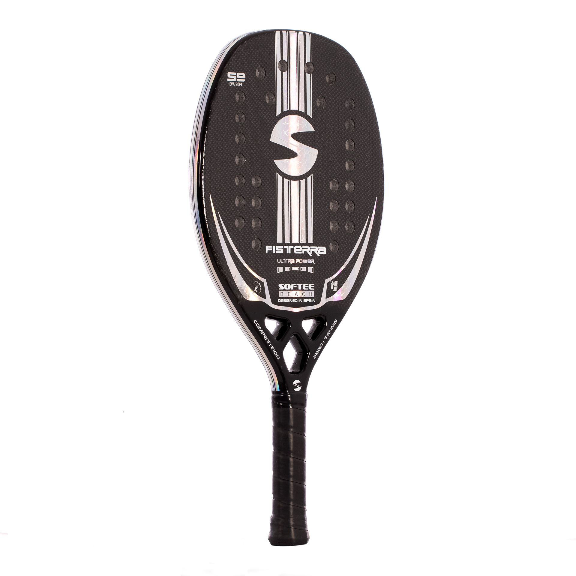 Pala de tenis de playa Softee Fisterra negra con logotipo plateado y diseño blanco sobre fondo blanco.