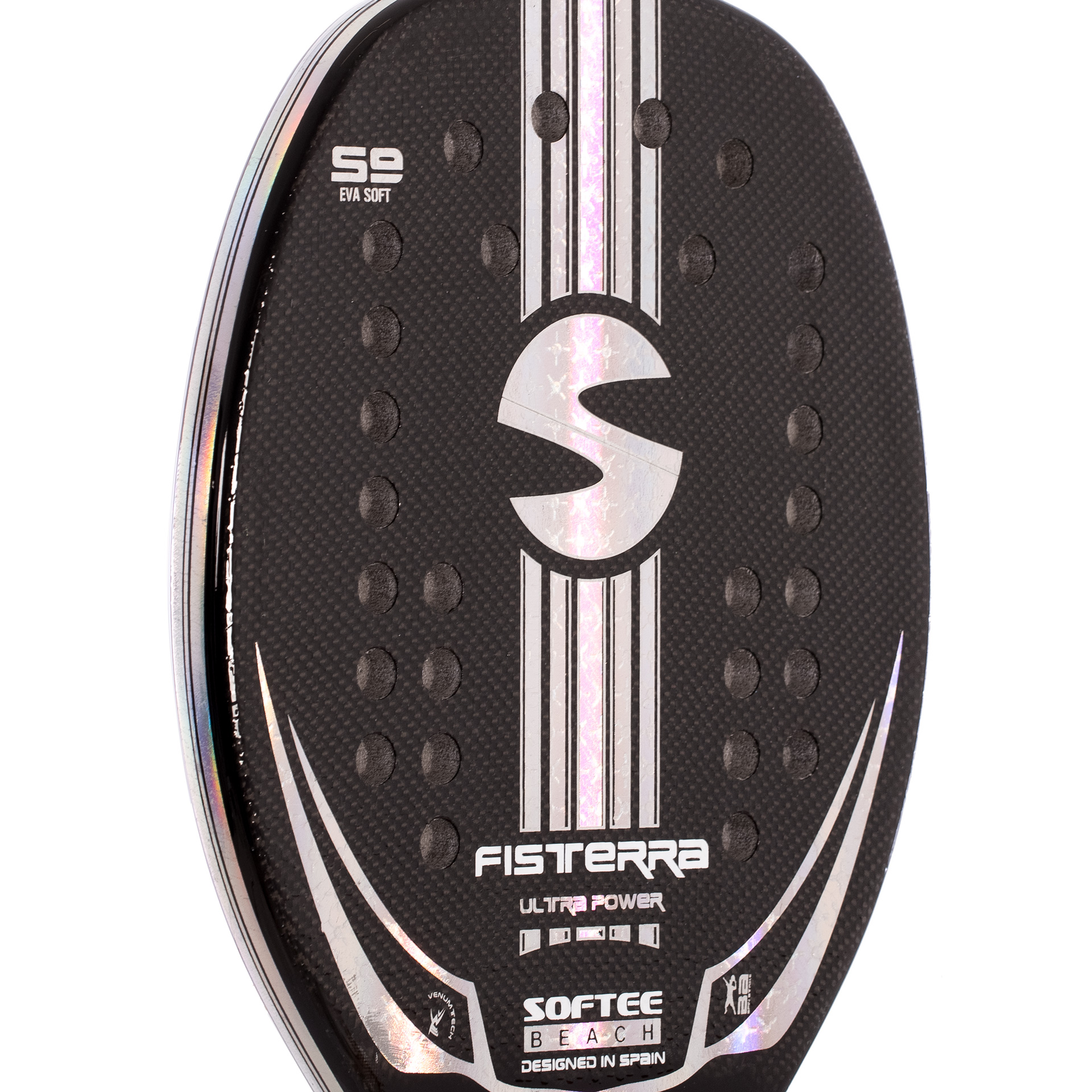Una raqueta de tenis de playa negra con gráfico S plateado, puntos texturizados y marca Fisterra.