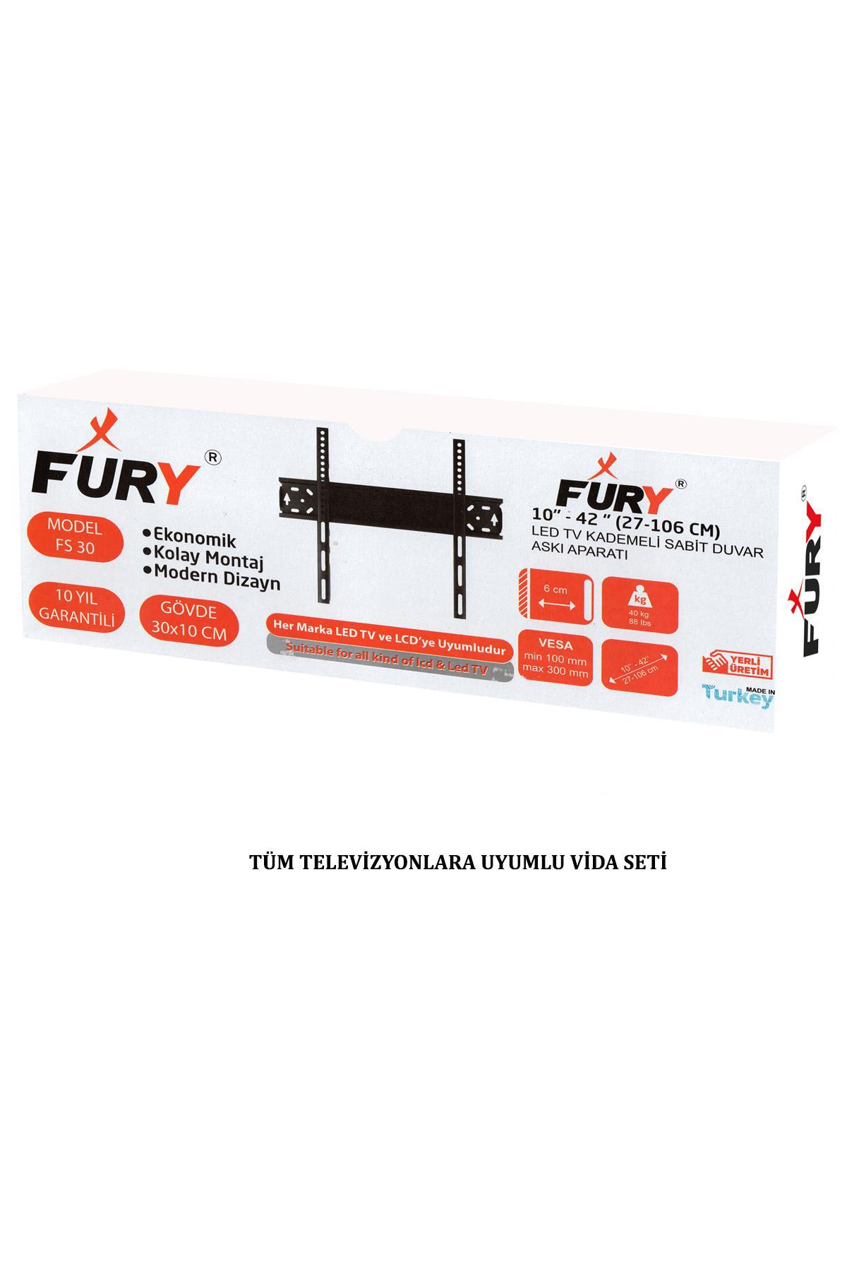 Fury TV duvar askısı için kırmızı ve siyah yazılı beyaz kutu.