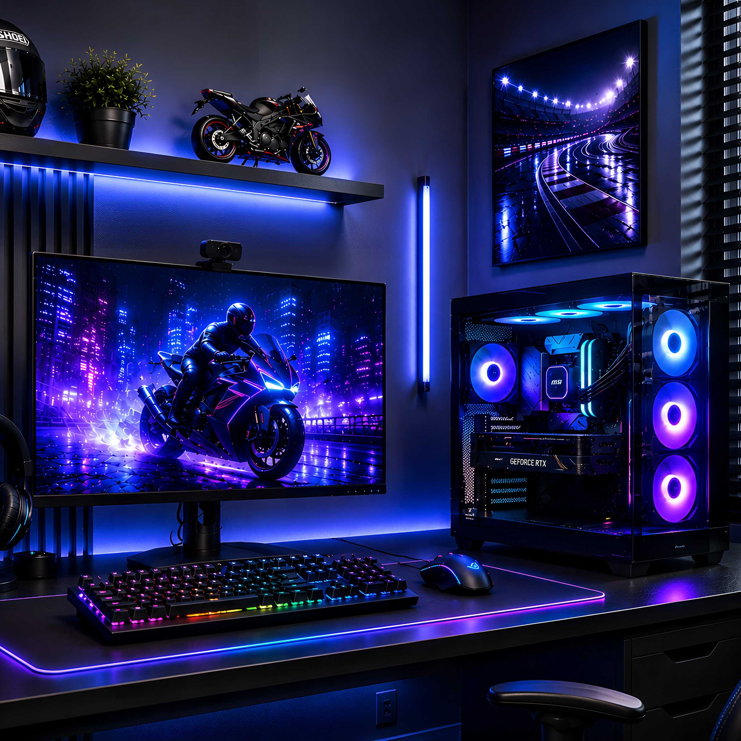 Ein Gaming-Setup mit beleuchtetem Monitor, leuchtendem PC und einem Regal mit Spielzeug-Motorrad.