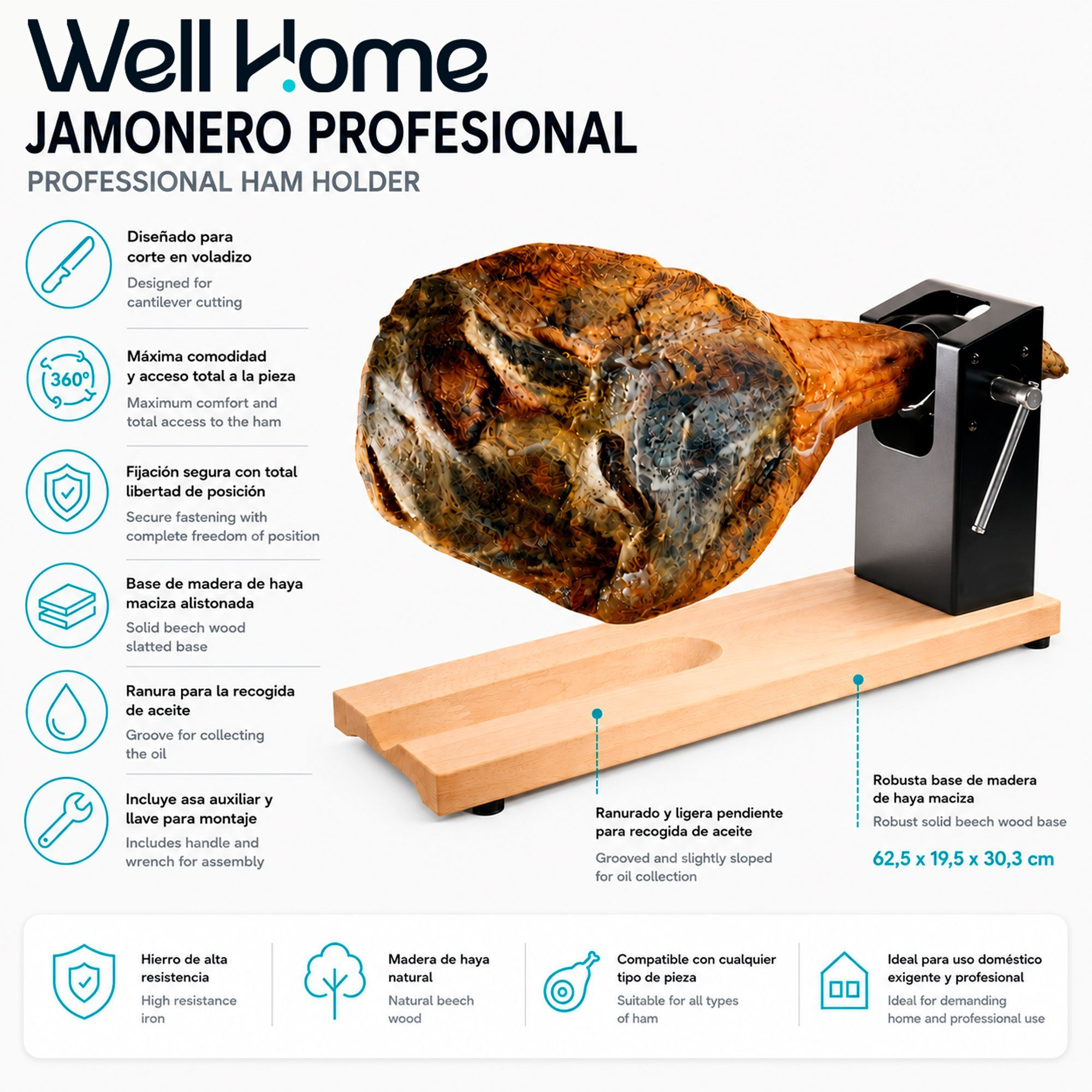 Un jamonero profesional con base de madera y pinza de metal negro sosteniendo un jamón, con especificaciones.