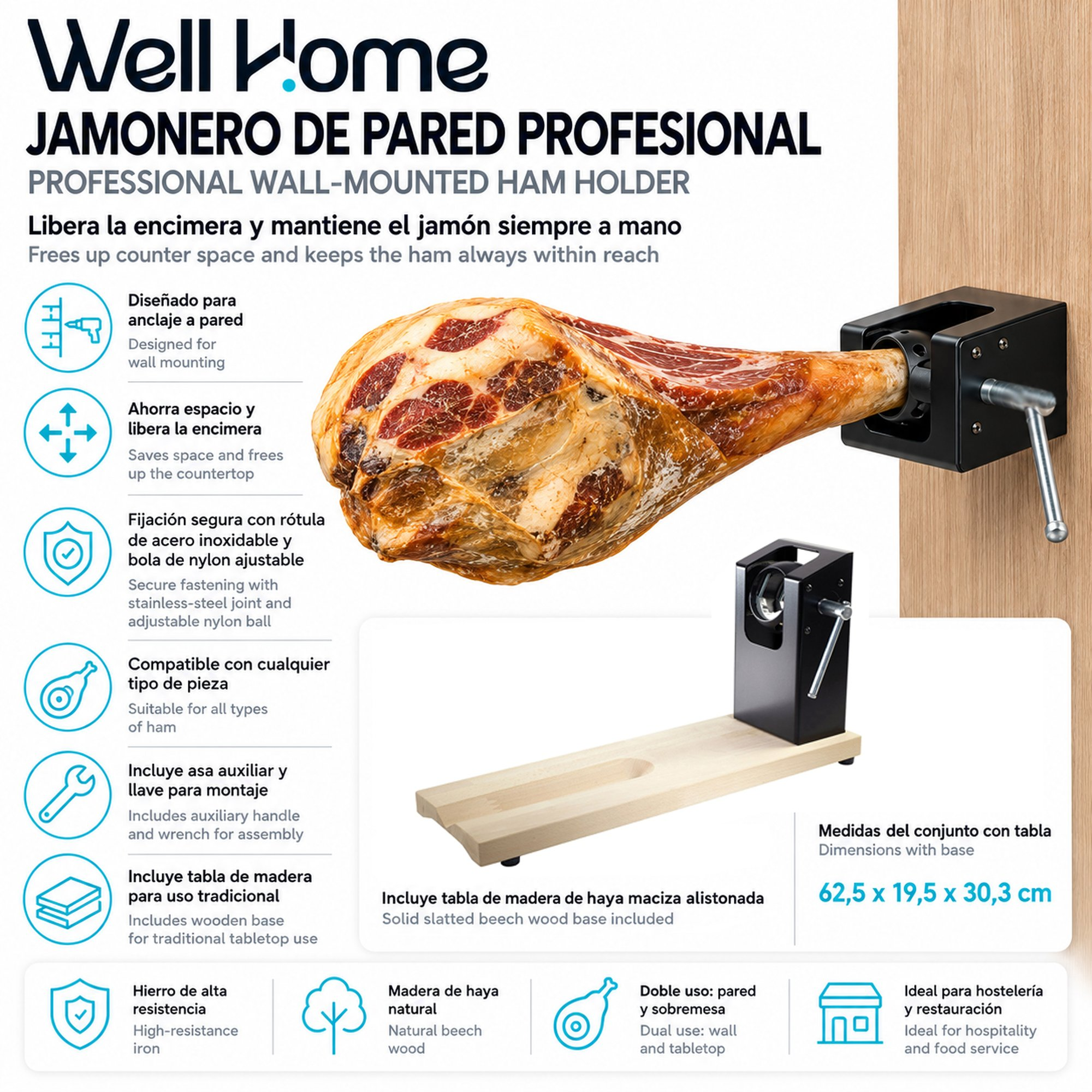 Un anuncio de jamonero profesional de pared con características, dimensiones y texto bilingüe en español e inglés.