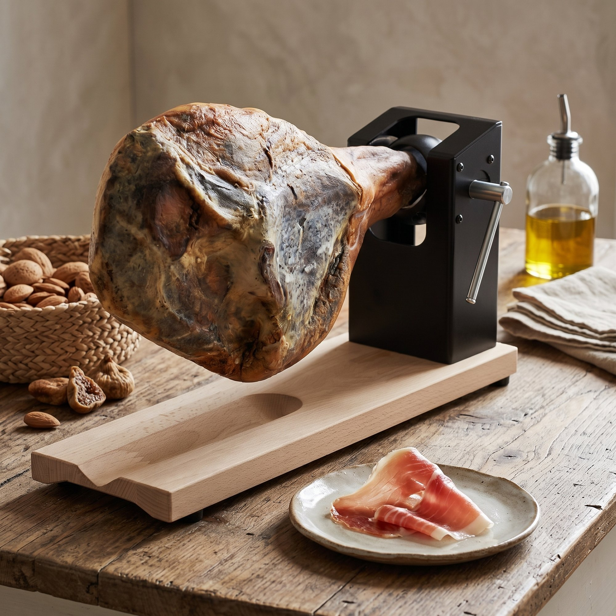 Un jamón entero en soporte de madera, con frutos secos, higos, aceite de oliva y un plato de jamón cortado en una mesa rústica.