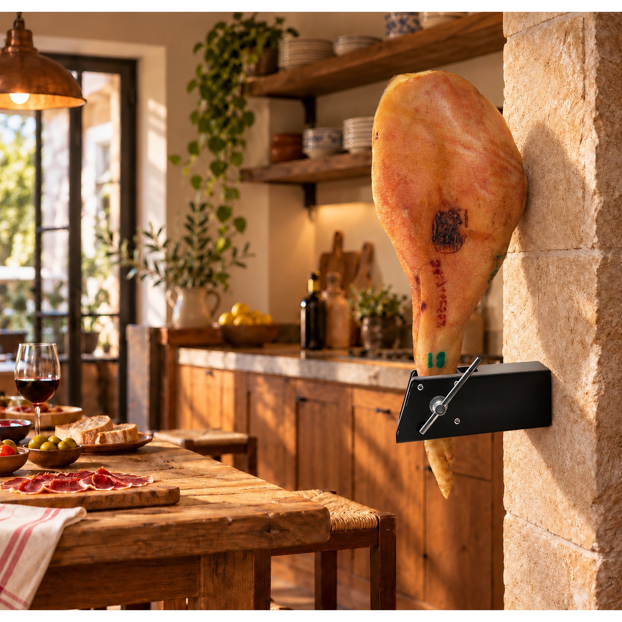 Un jamón entero cuelga de un pilar de piedra frente a una cocina, con una mesa de madera a la izquierda.