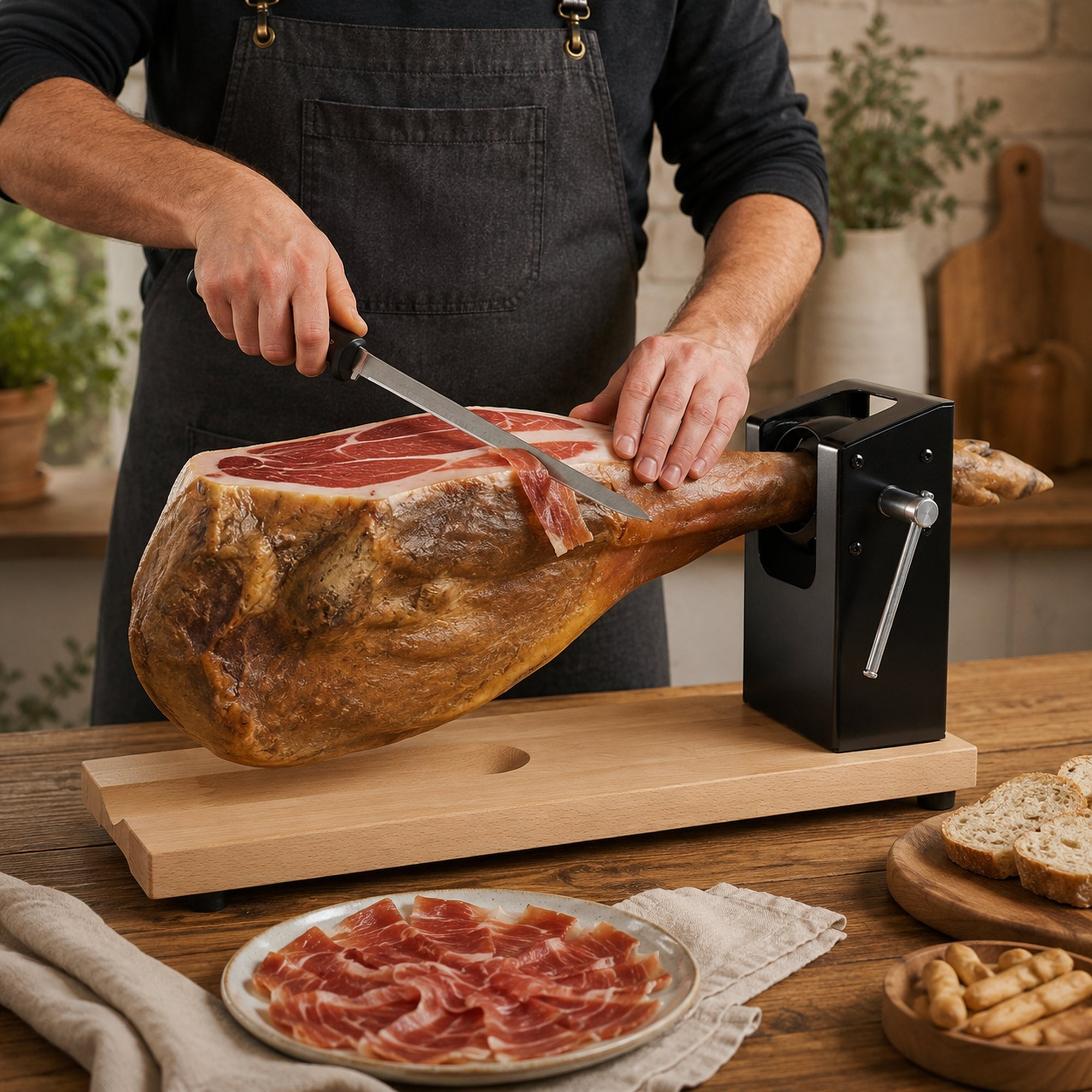 Un carnicero con delantal oscuro corta finas lonchas de un jamón entero colocado en un soporte de madera.