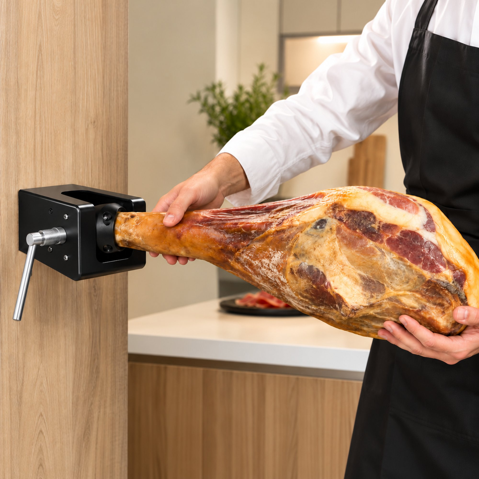 Un chef con camisa blanca y delantal negro asegura un jamón entero en un soporte de pared.