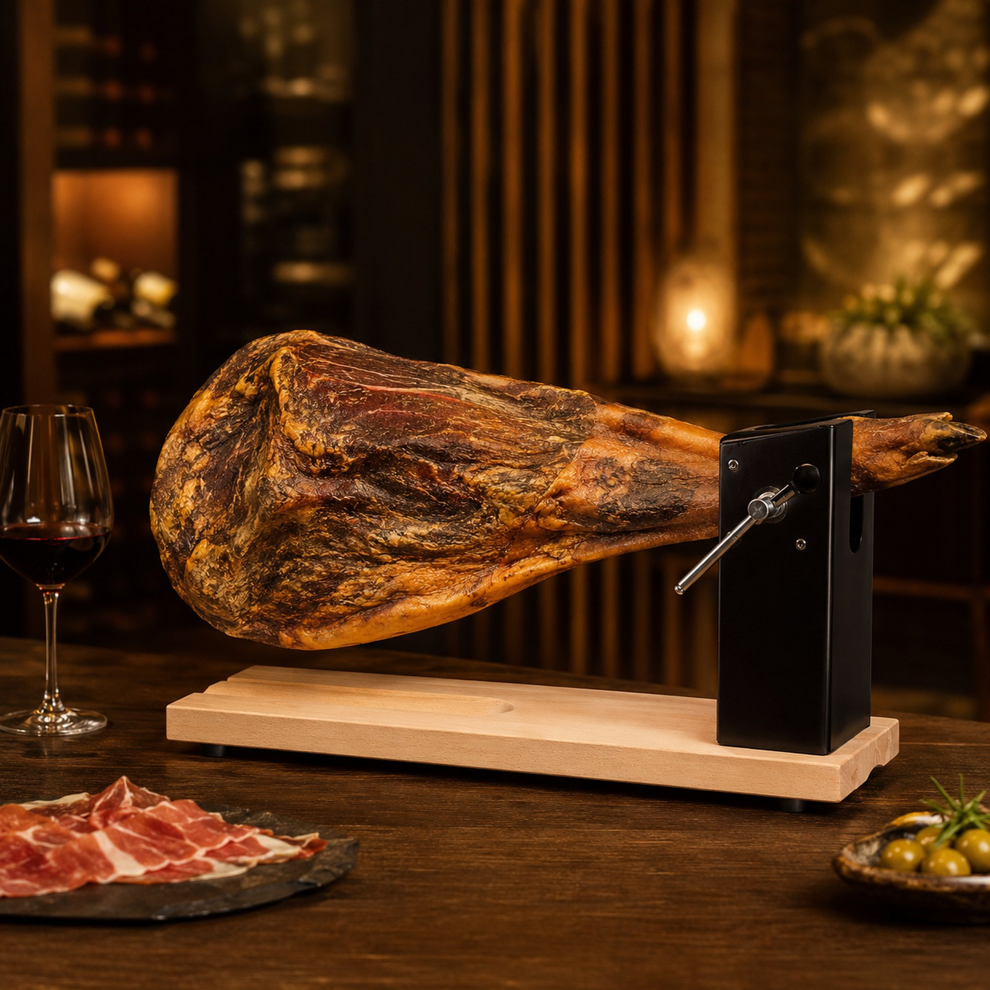 Una pata de jamón curado en un soporte de madera con una copa de vino tinto y jamón loncheado en una mesa.